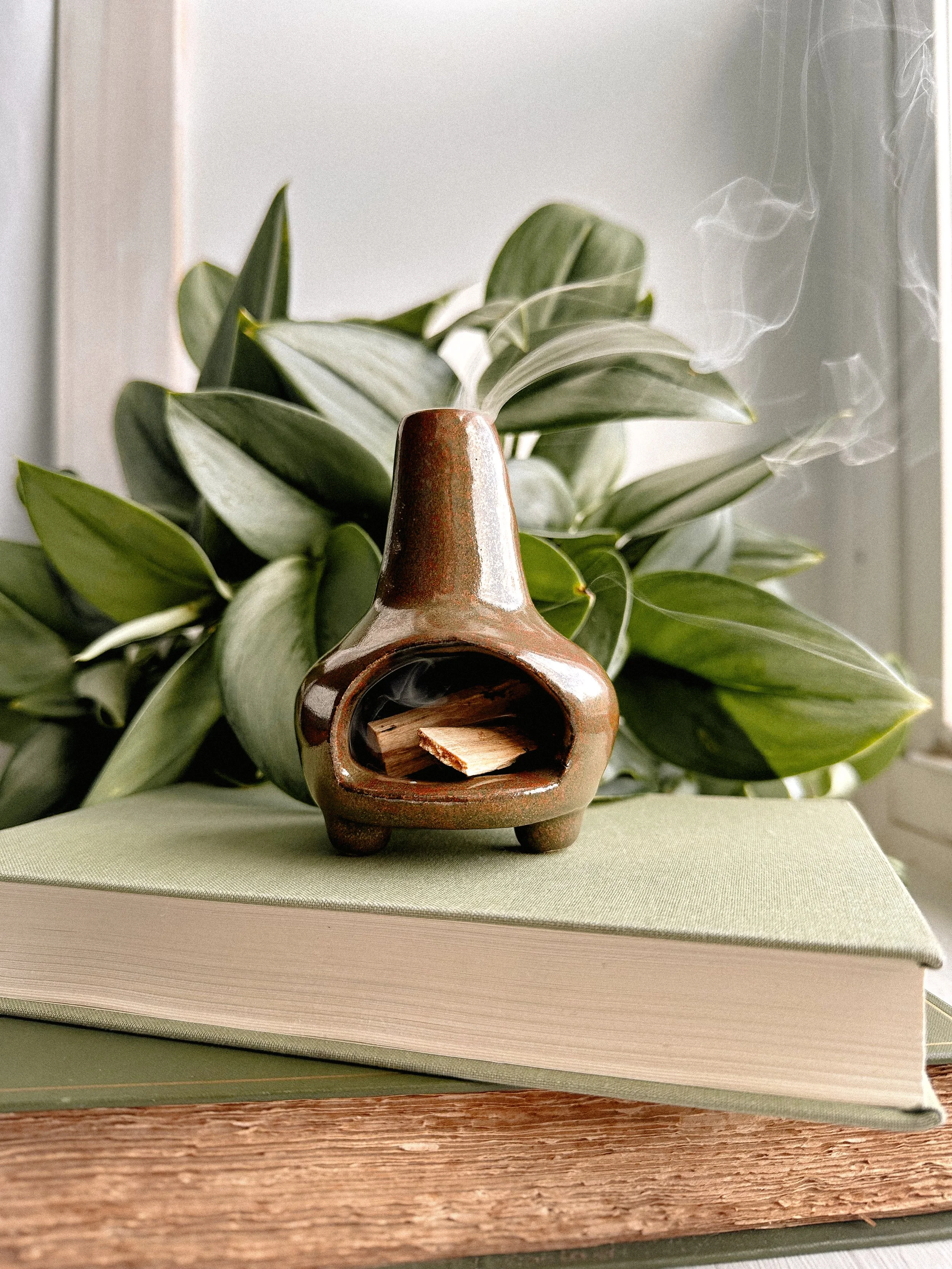 A small ceramic incense burner with smoke rising from it, placed on a green-covered book on a wooden surface behind a leafy houseplant.