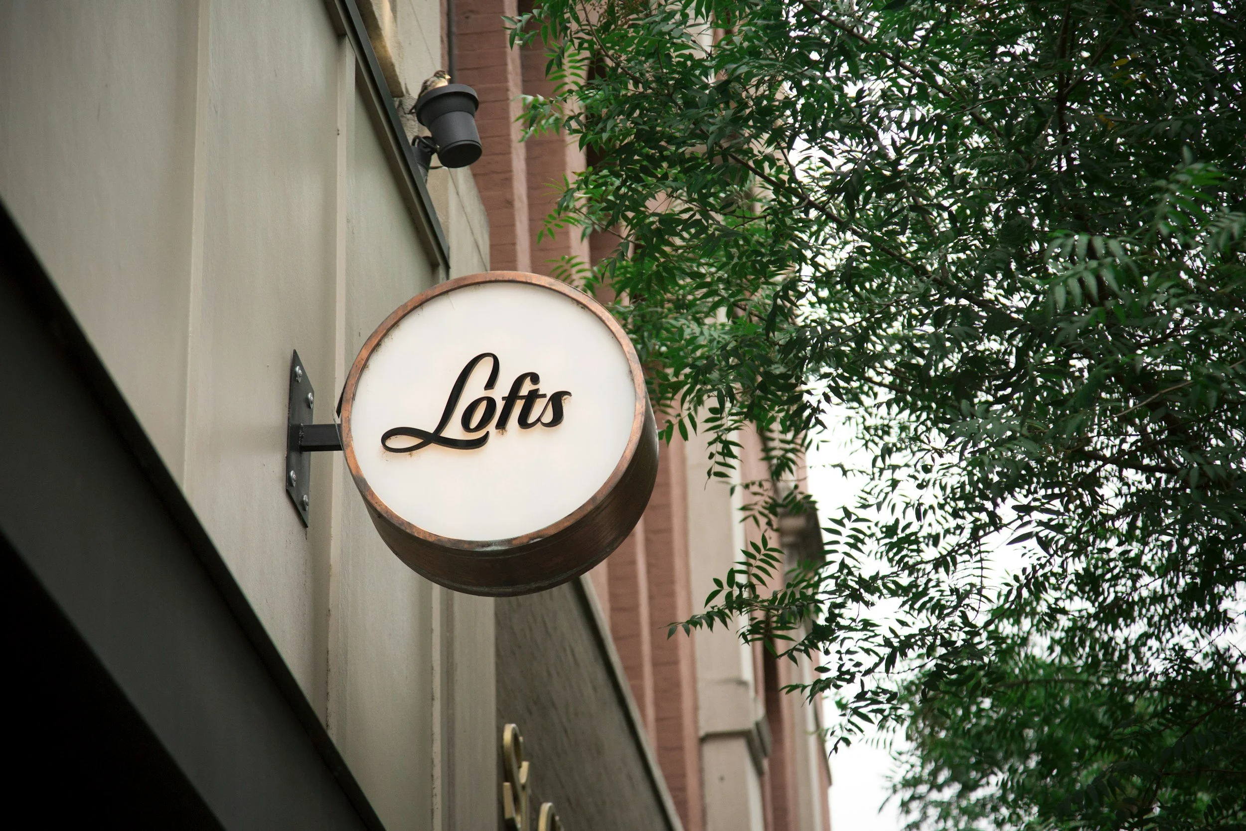 Store sign reading 'Lofts' hanging on the side of a building, with a tree nearby.