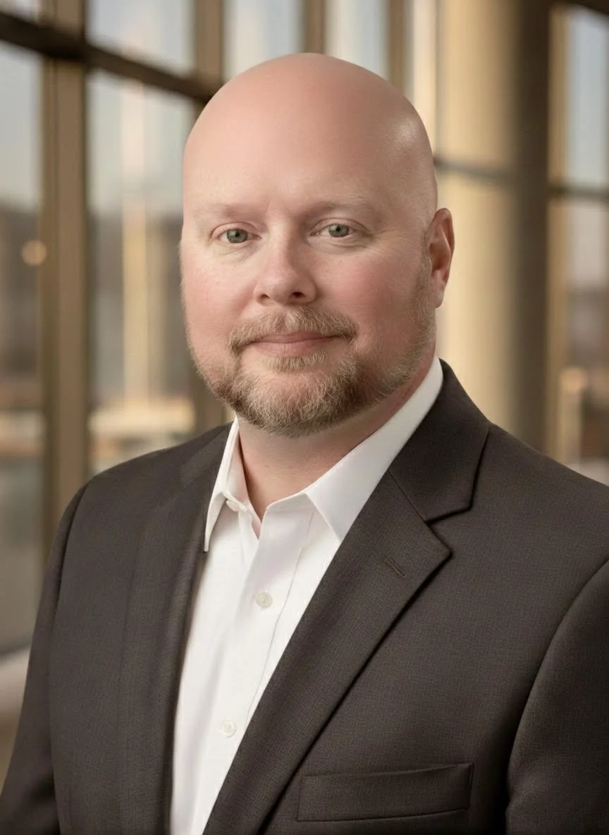 A man with a bald head and beard, wearing a white shirt and dark suit, standing indoors with large windows in the background.