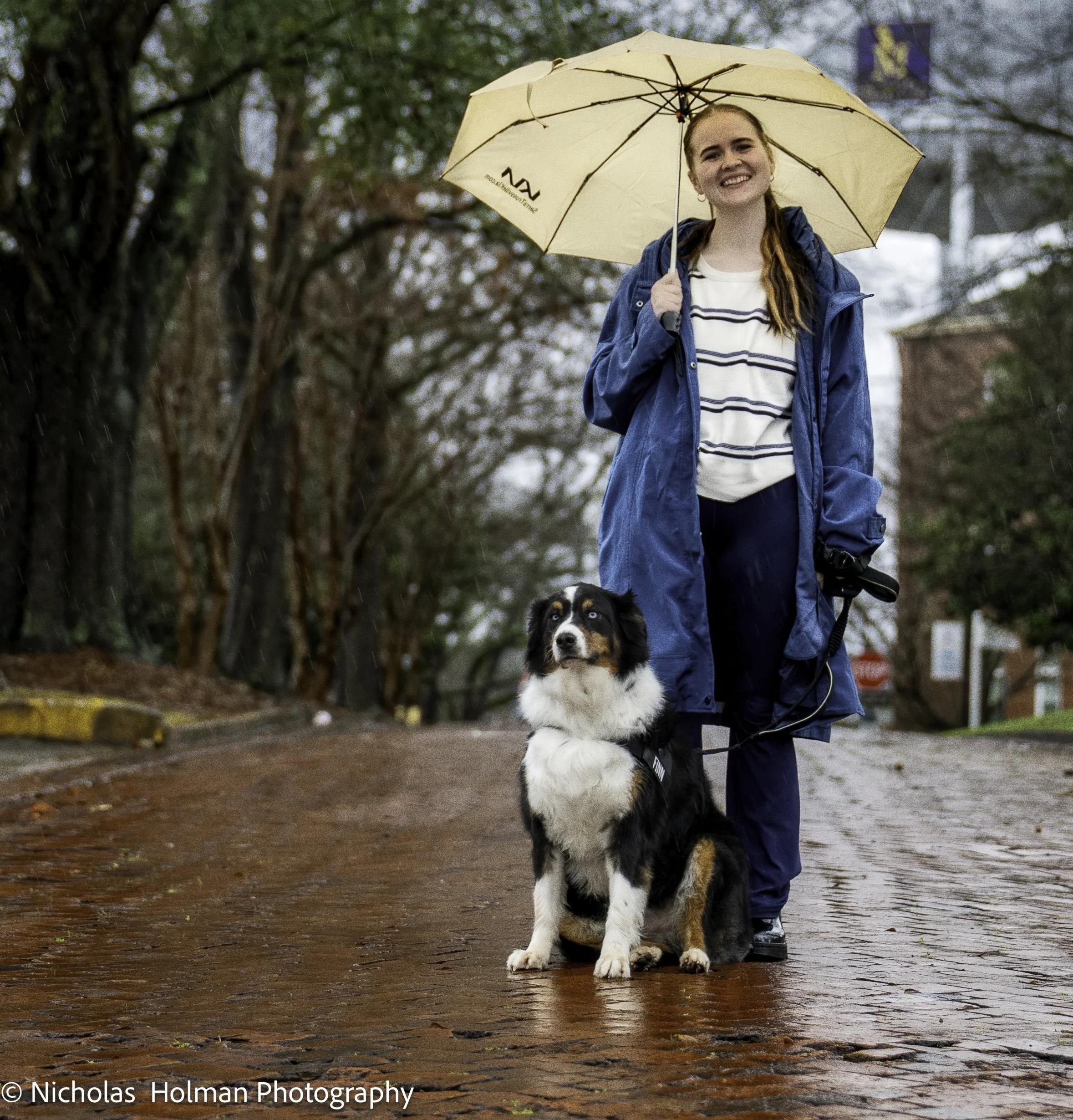 A young woman with a red ponytail, wearing a blue raincoat and striped shirt, holding an umbrella, smiling as she walks a black, white, and brown Australian Shepherd dog on a leash on a rainy street surrounded by trees.