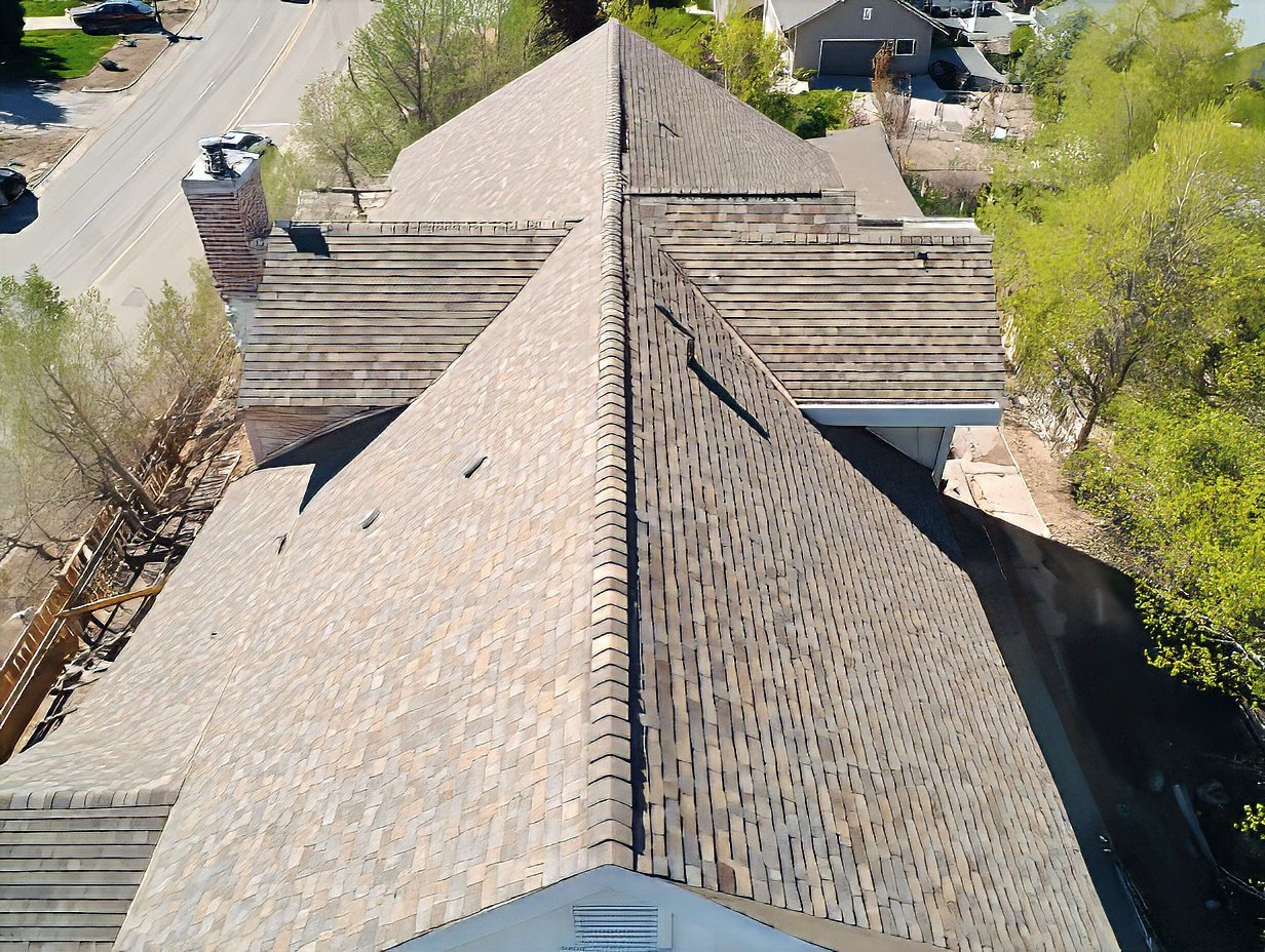 Aerial drone view of a brown shingle roof and neighborhood
