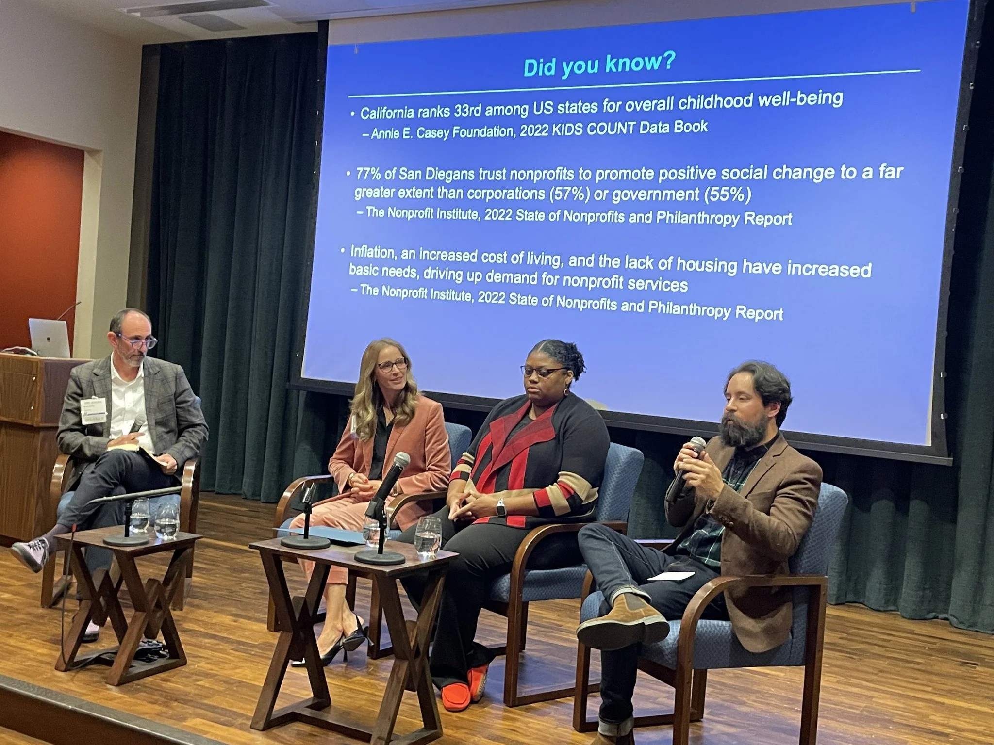 Four panelists seated on a stage with a large screen behind them displaying panel discussion topics related to nonprofits, child well-being, and social issues. The panel includes two women and two men, with microphones in hand, in a conference setting.