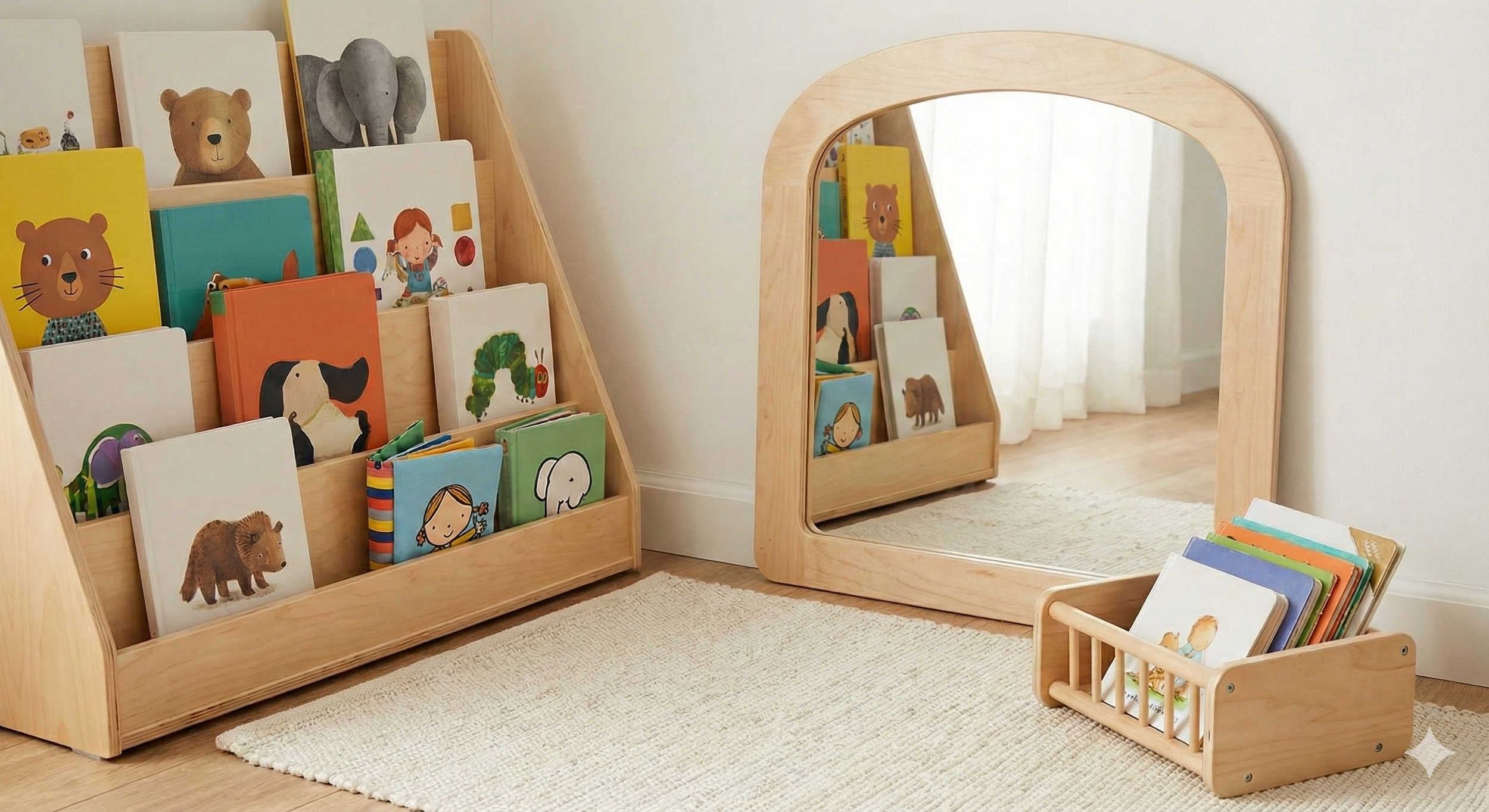 A children's reading area with two wooden book displays, one with a mirror, filled with colorful children's books and animal illustrations, on a beige rug near a window with white curtains.