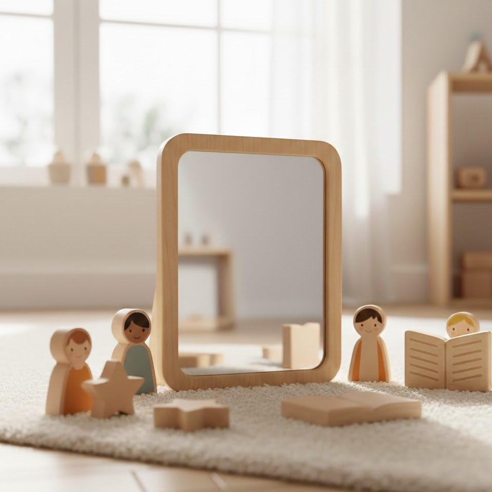 Wooden toy figures around a mirror and building blocks on a carpet in a bright room.