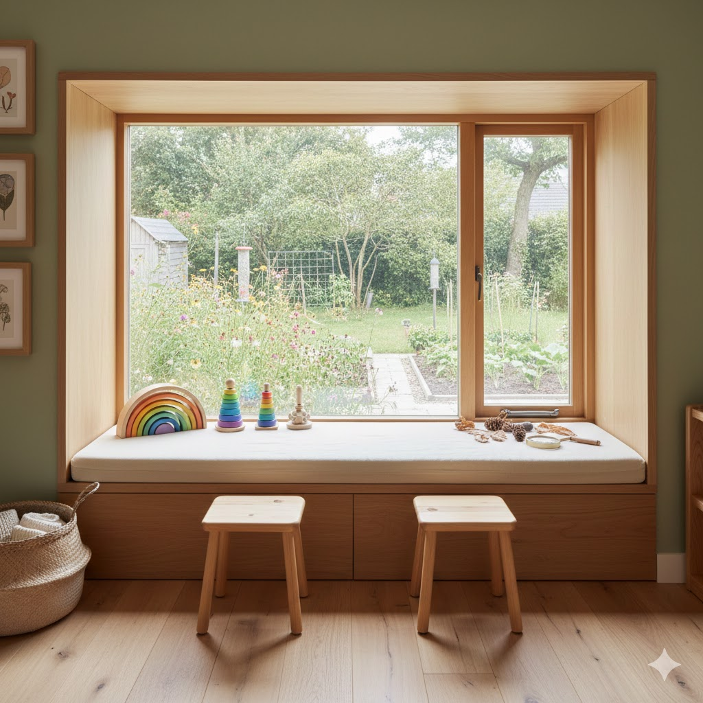 A cozy window seat with a cushioned bench, small wooden stools, and children's toys, overlooking a garden with trees and flowers.
