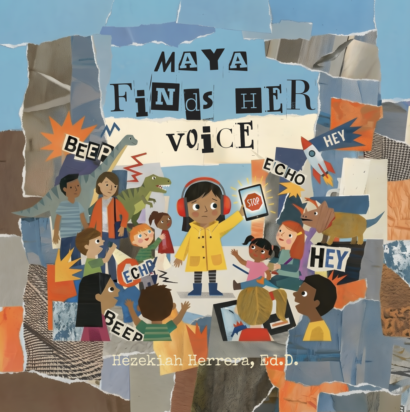 Children and a young girl with headphones surrounding a girl holding a tablet, with speech bubbles and creatures like dinosaurs, a rocket, and dogs, on a collage-style background with torn paper and colorful elements.