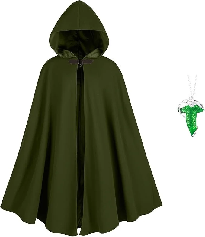 Medieval Hooded Cloak with Leaf Brooch Necklace