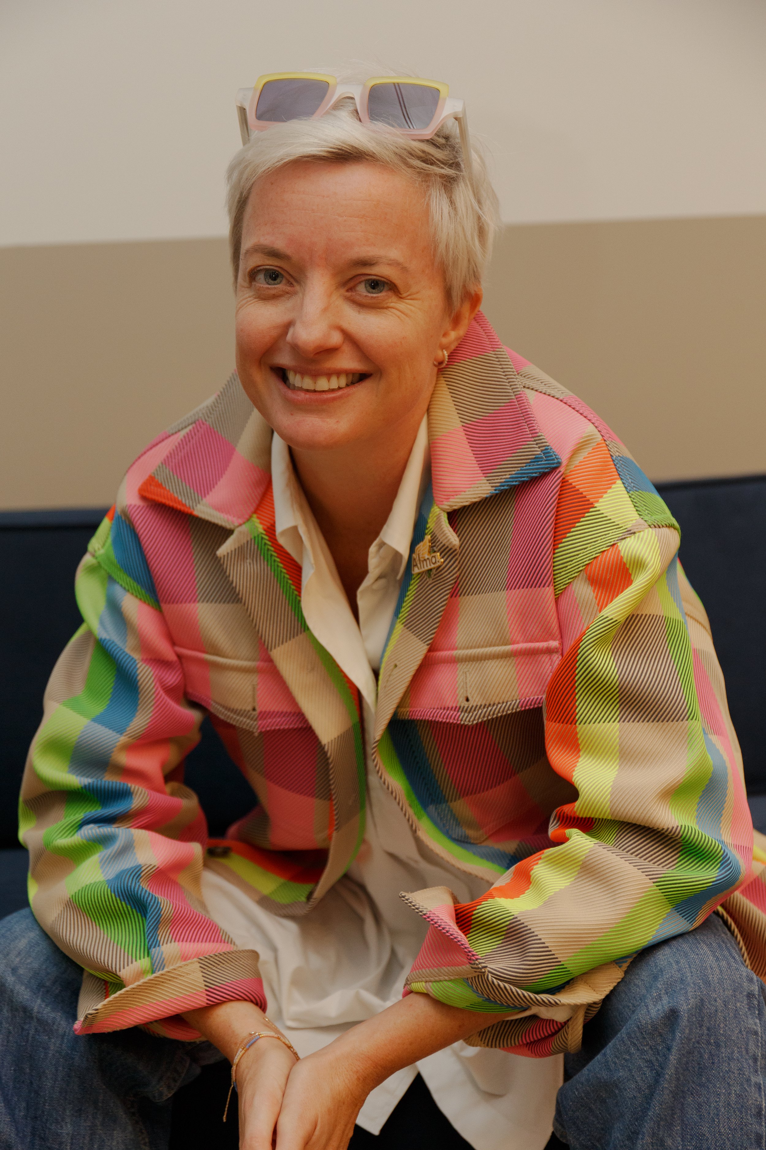 Sarah wearing the alma badge