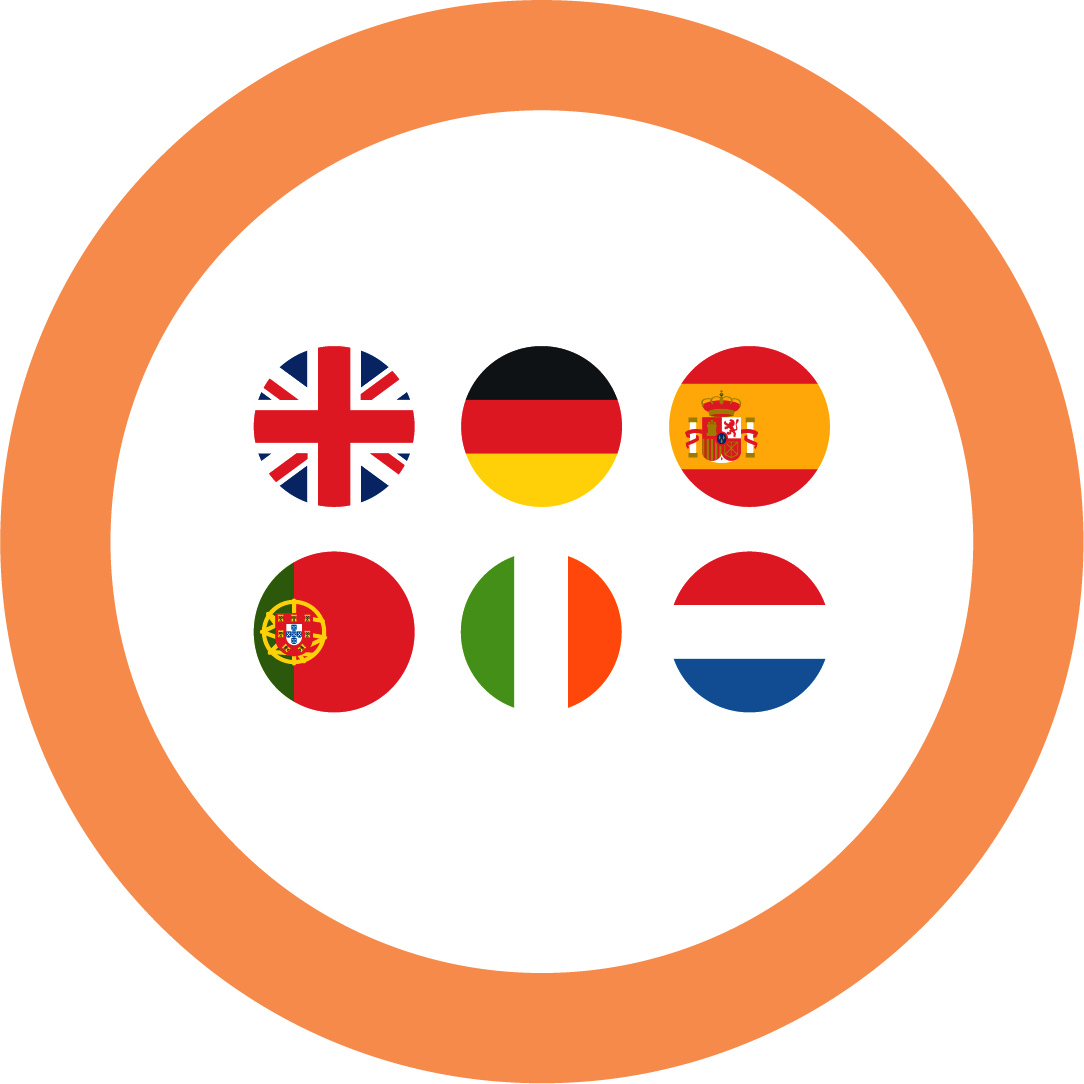 Six circular flags of the United Kingdom, Germany, Spain, Portugal, Ireland, and the Netherlands inside an orange ring on a black background.