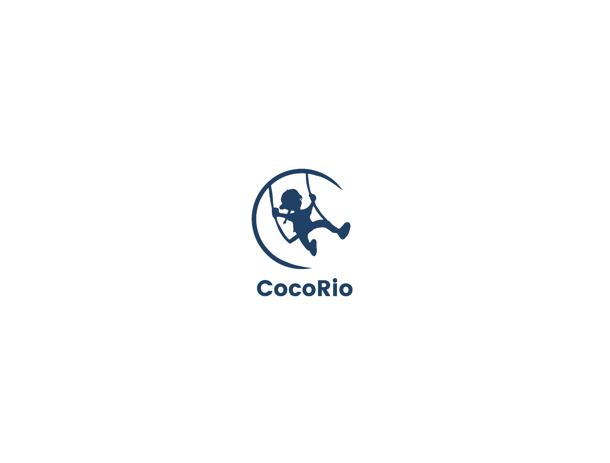 Logo for CocoRio featuring a silhouette of a child on a swing inside a crescent moon with the text "CocoRio" underneath.