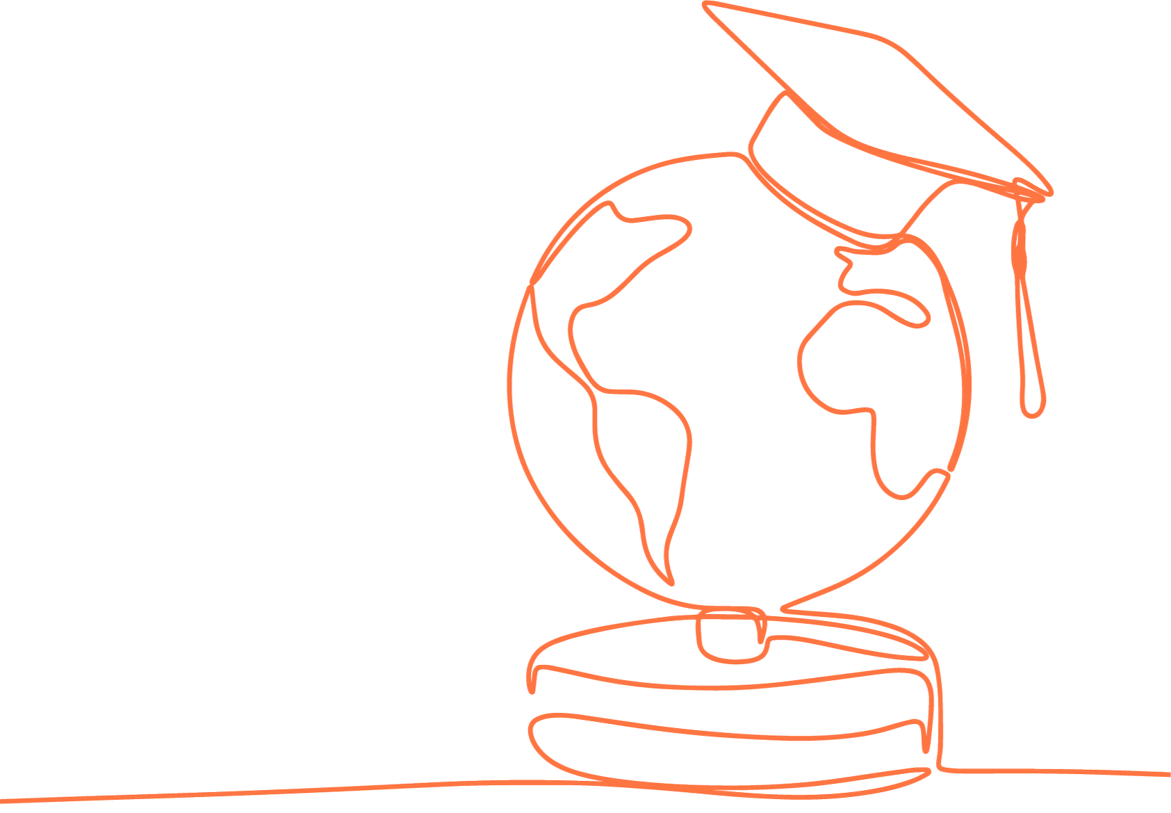 A neon-style line drawing of a globe wearing a graduation cap placed on a round base, with a blank black background.