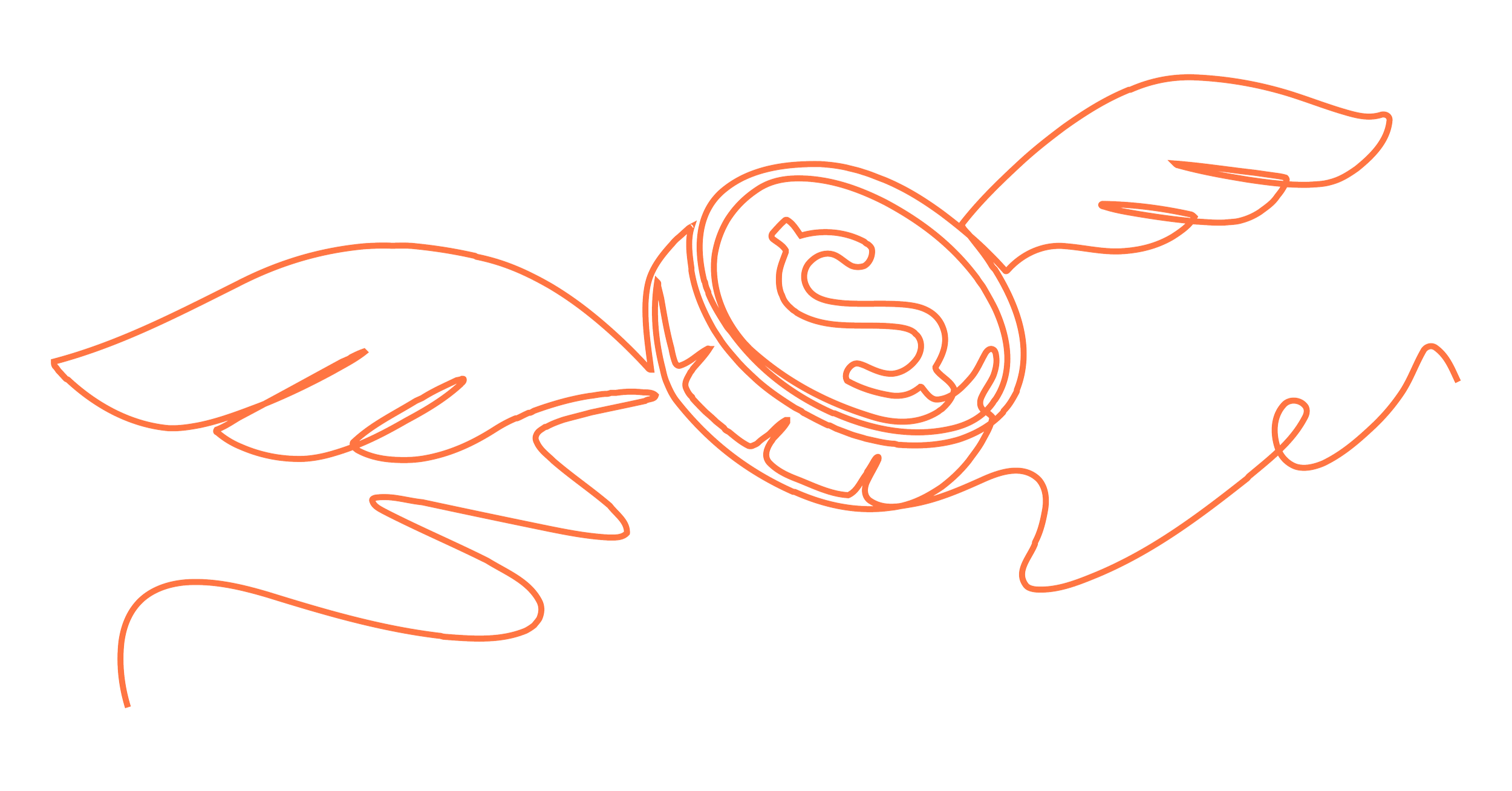 Outline illustration of two hands holding a coin with a dollar sign, created in a neon light style with orange lines on a black background.