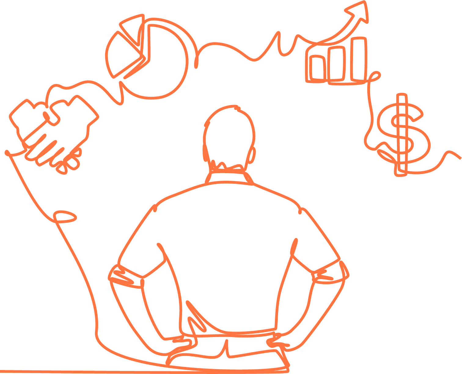 Line drawing of a person seen from the back, with a mountain-shaped line above depicting a handshake, a pie chart, a line graph with an upward trend, a dollar sign, and a bar chart.