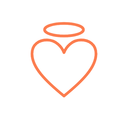 Outline of a heart with a halo above it, all in coral color on a black background.