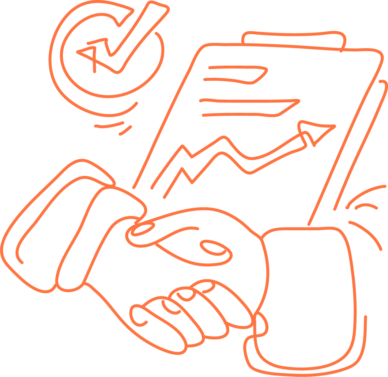 A neon outline drawing of a hand holding a smartphone displaying a rising bar and line graph, with a check mark icon in a circle above, representing data analysis or business success.