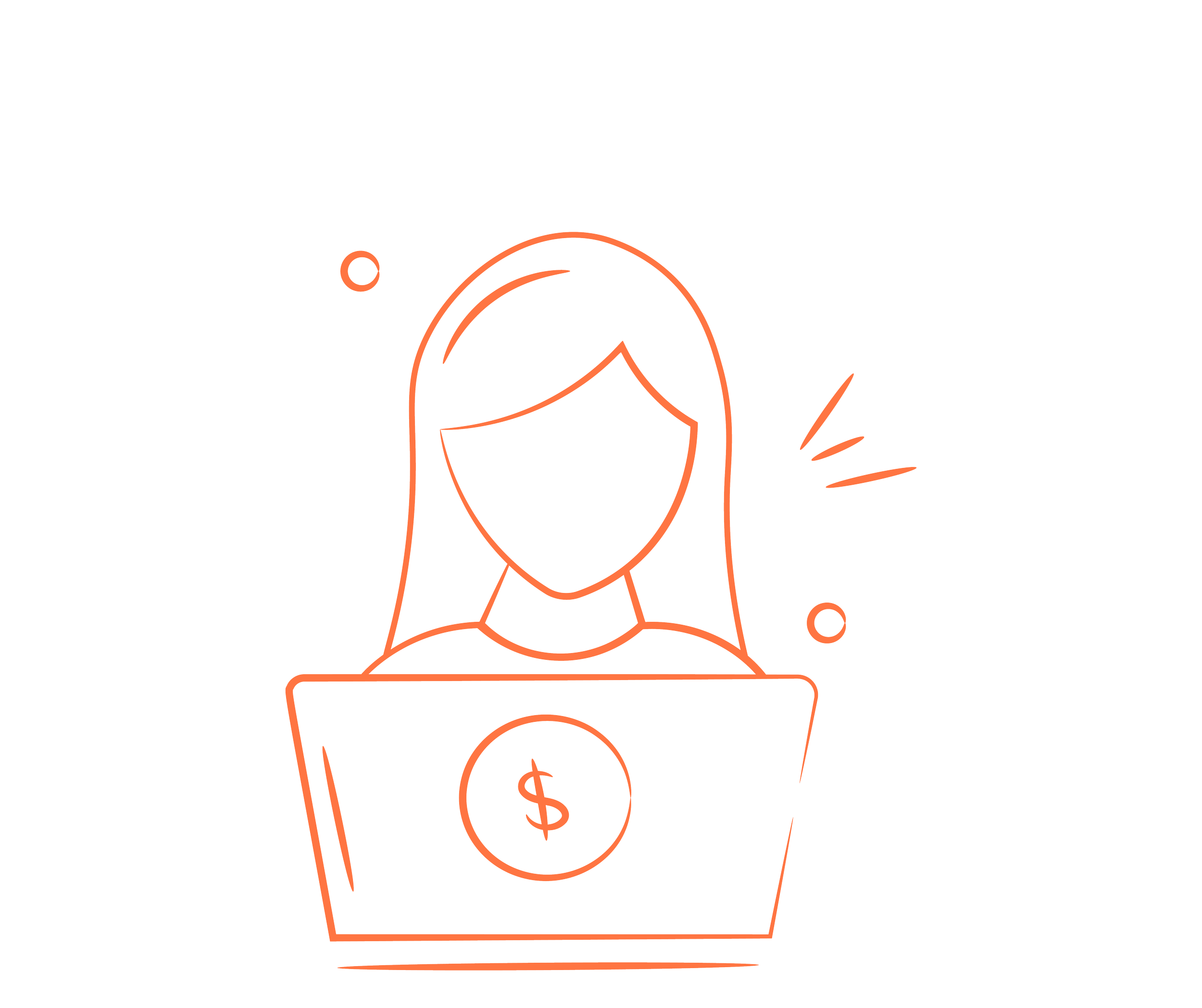 Line drawing of a woman working at a laptop with dollar signs, indicating financial or business activity.