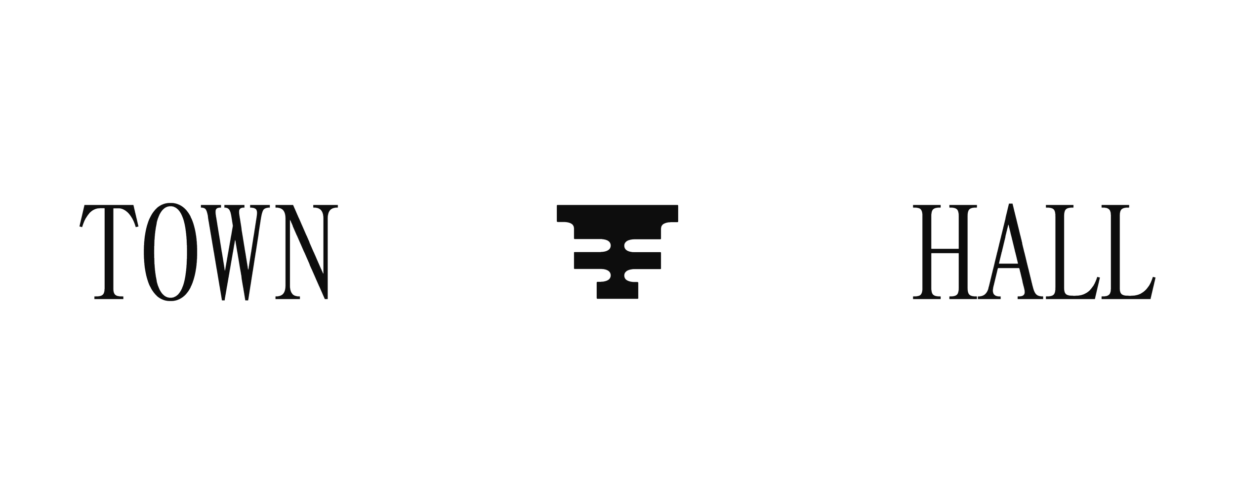 Black and white text art that says "Town" with a stylized hanging lantern between the words "Town" and "Hall".