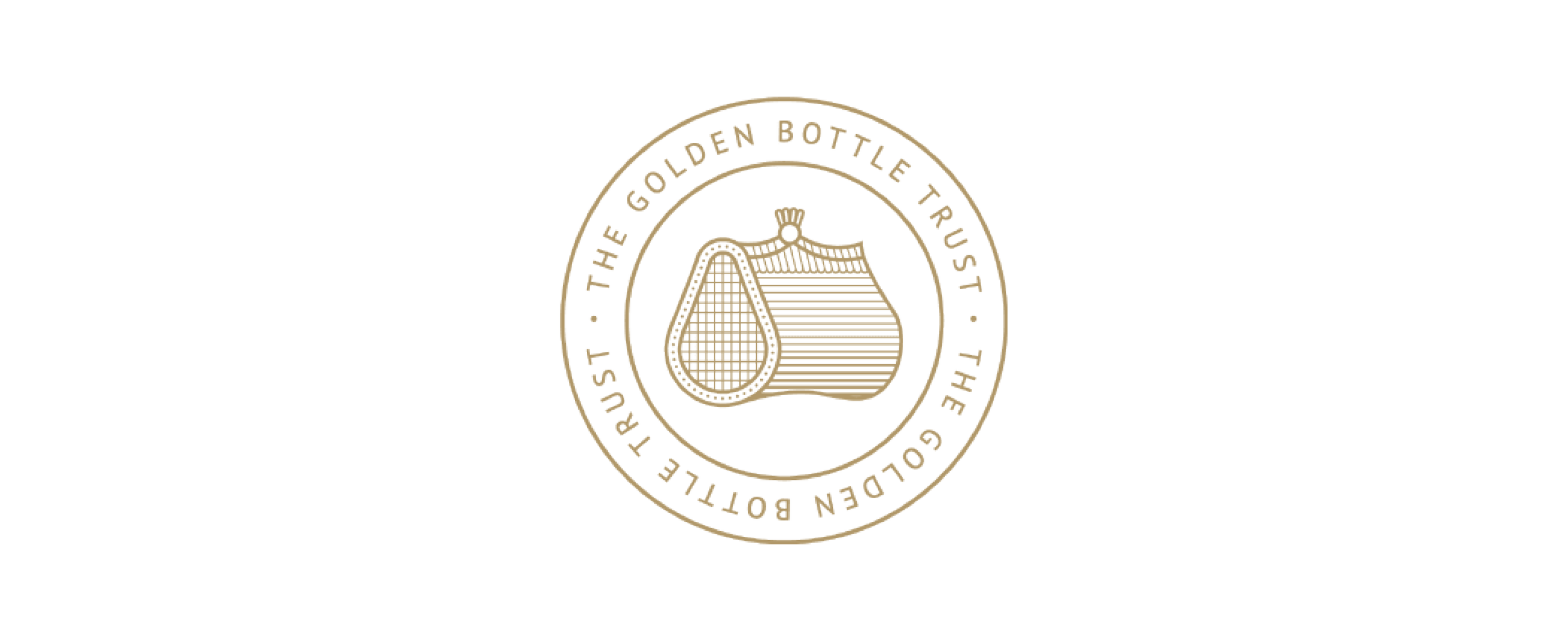 Close-up of a gold-colored and silver-colored coin with a design of a weighted bag and the text 'Golden Bottle Trust' and 'Trust in Bottle' around the edge.