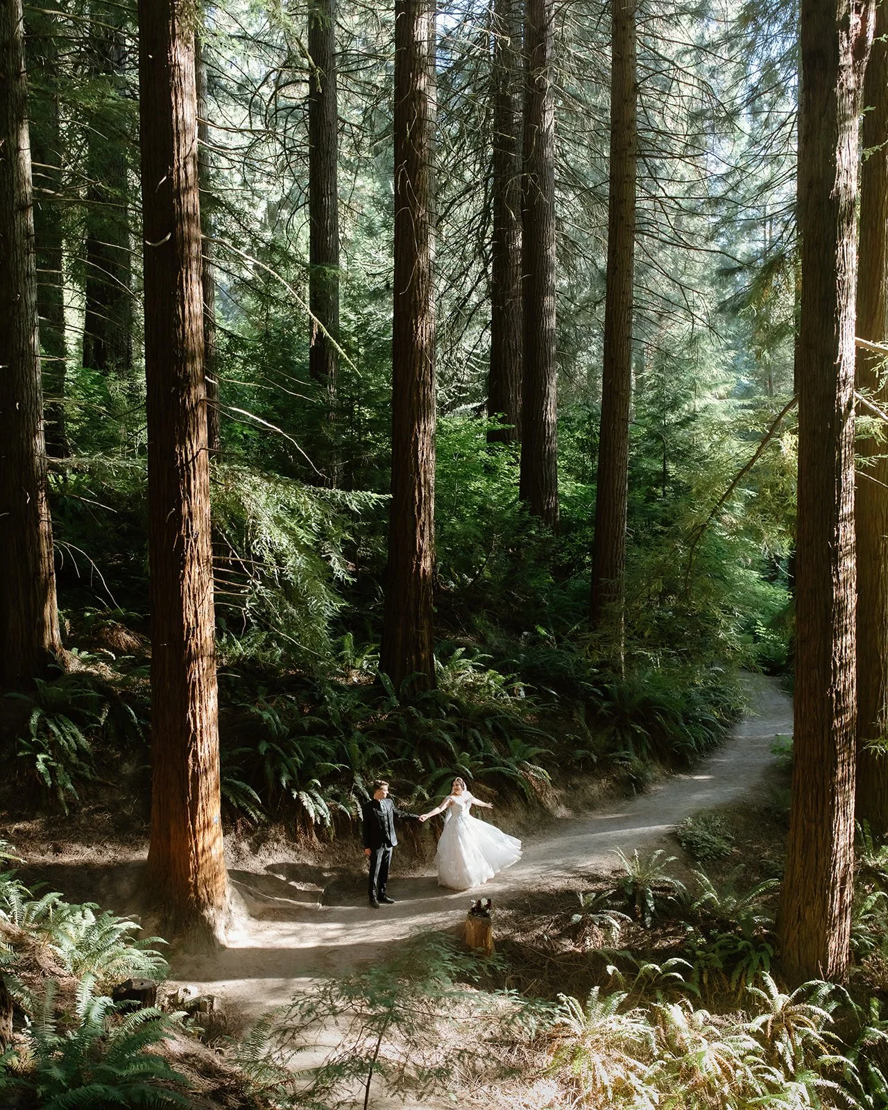 The bride and groom share a dance among the trees.