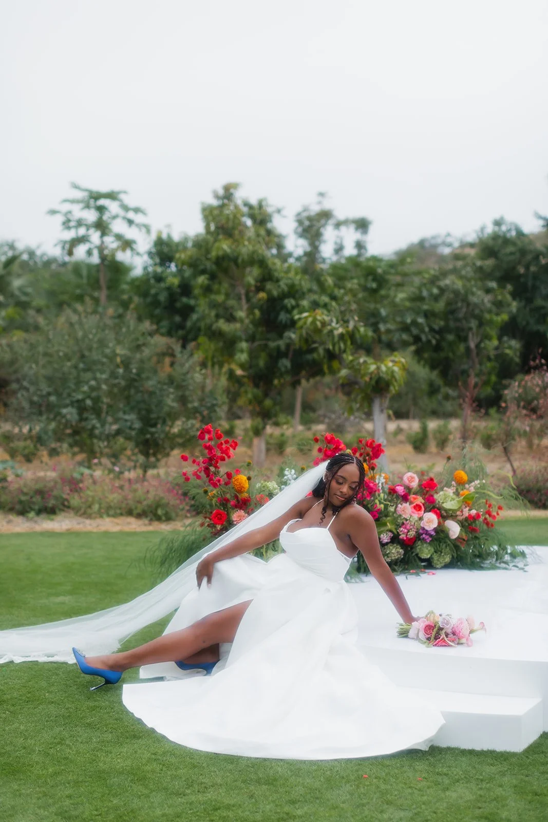 Romantic bridal moment with colorful floral details.