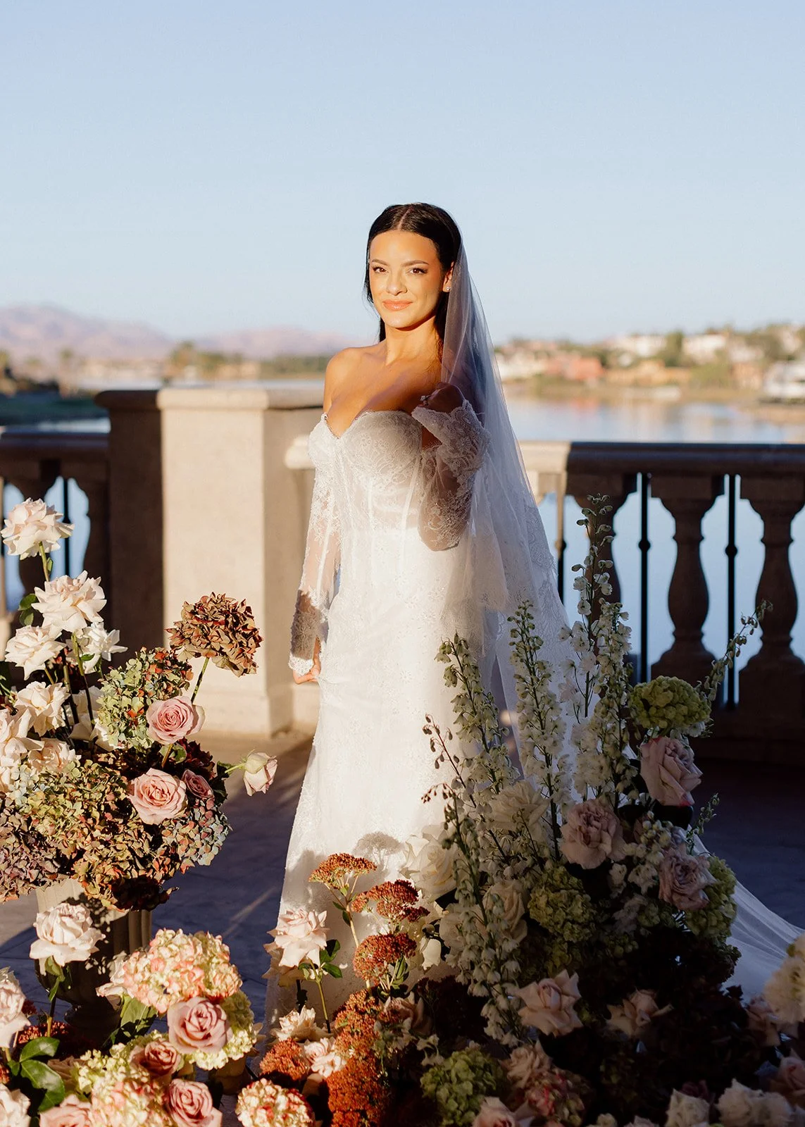 Bride illuminated by warm evening light.