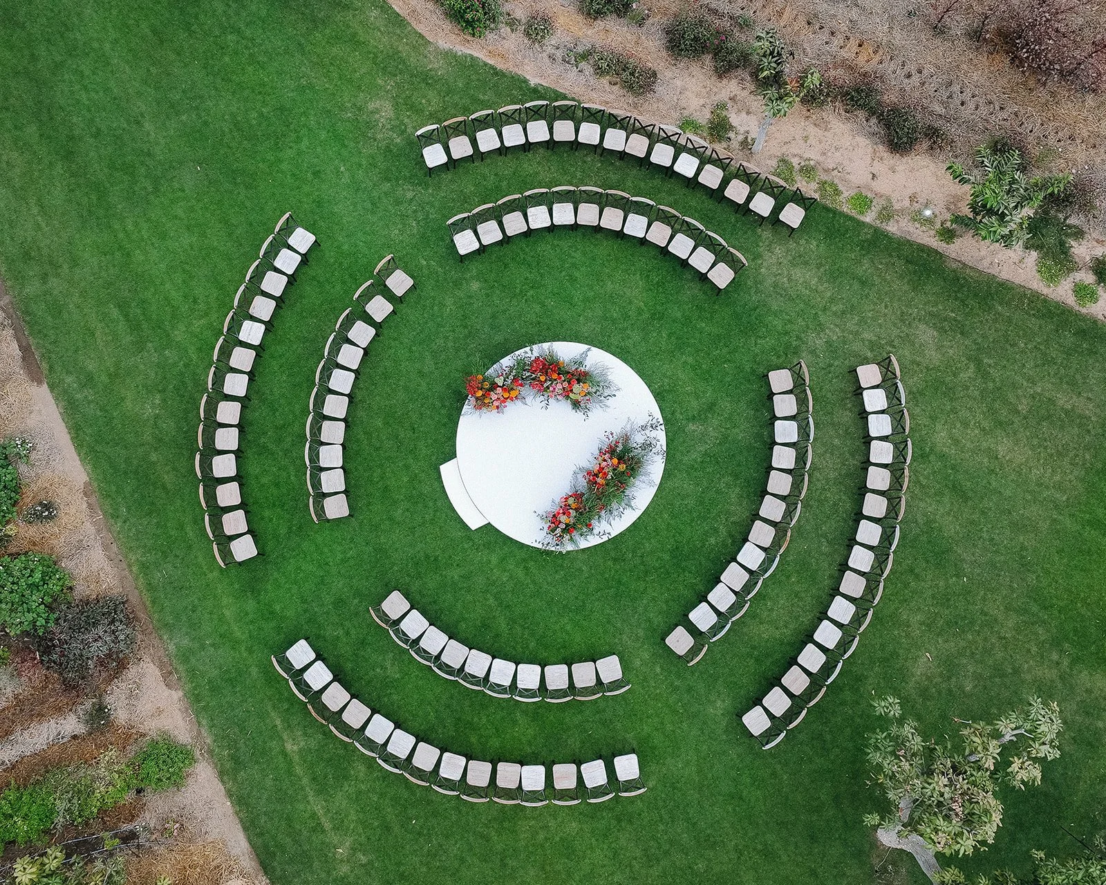 Drone photo of outdoor wedding ceremony.