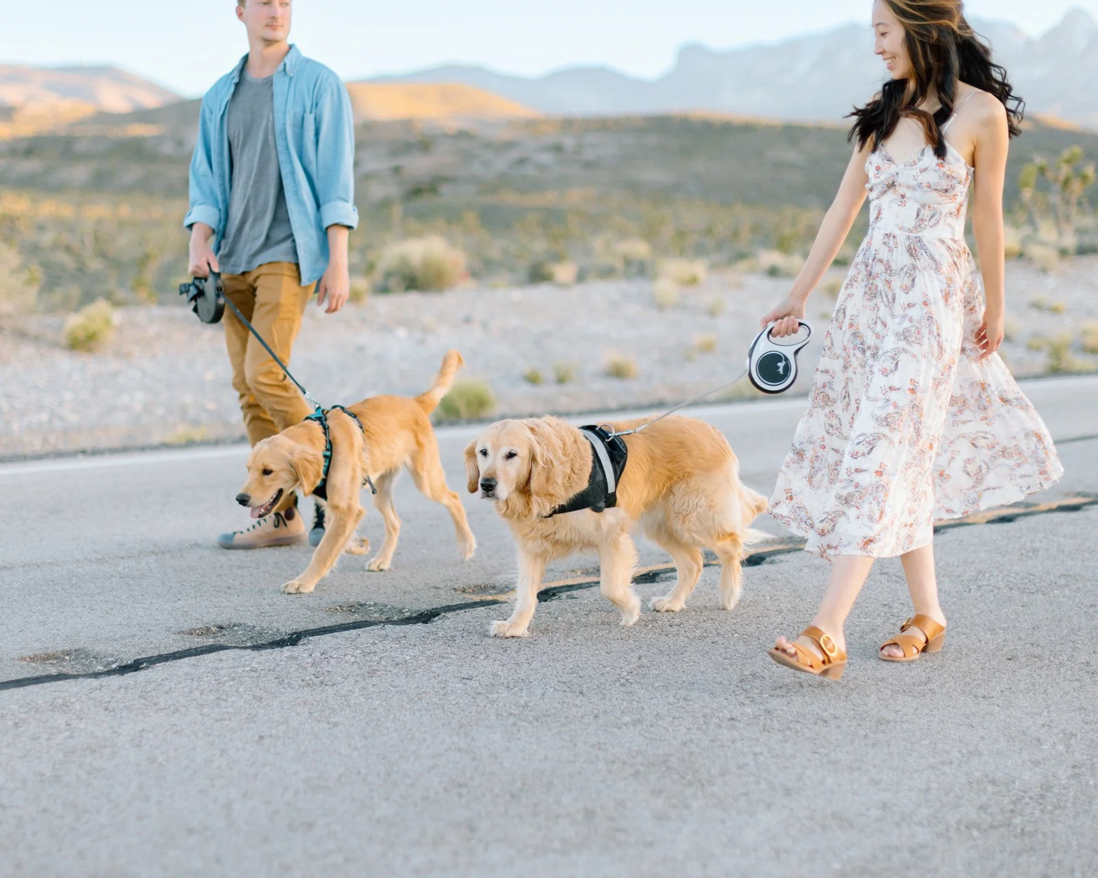 Couple with their dogs during outdoor engagement portrait session.