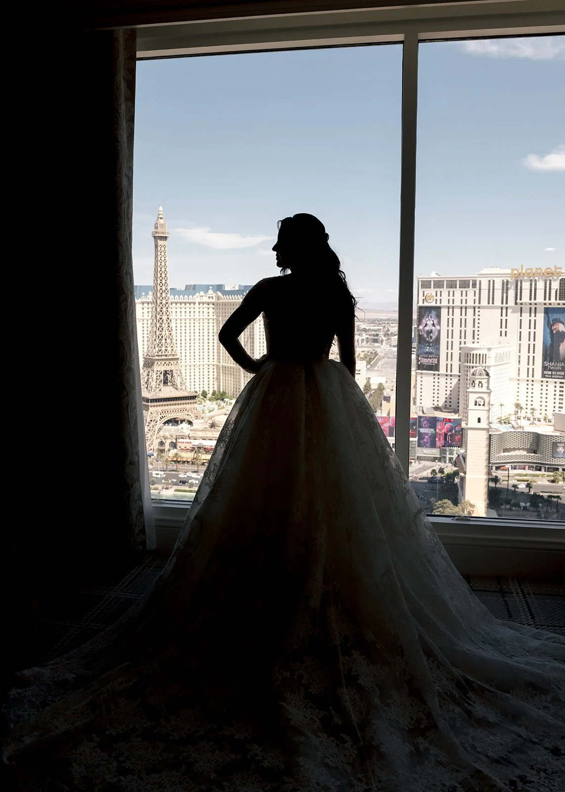 Silhouette shot of the elegant bride.