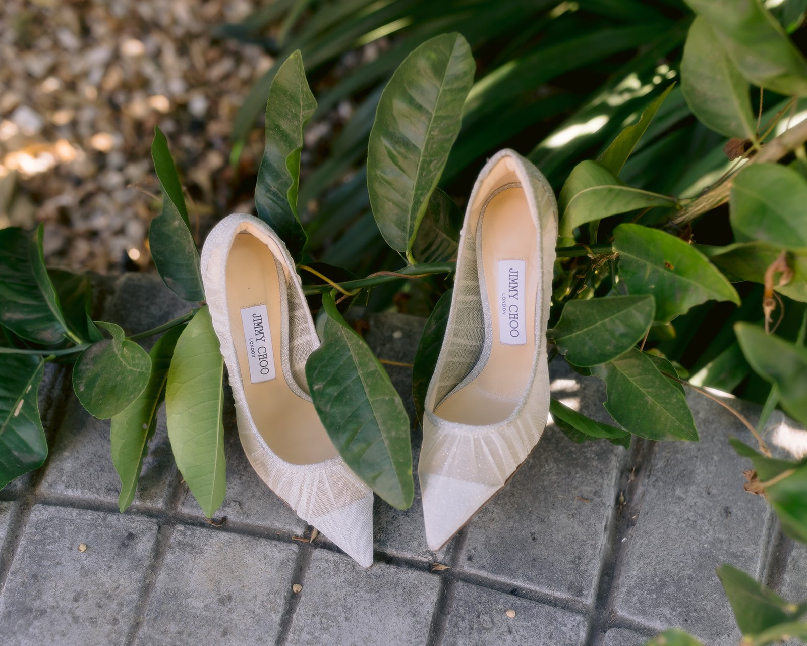 Bridal shoes styled against green backdrop before ceremony.