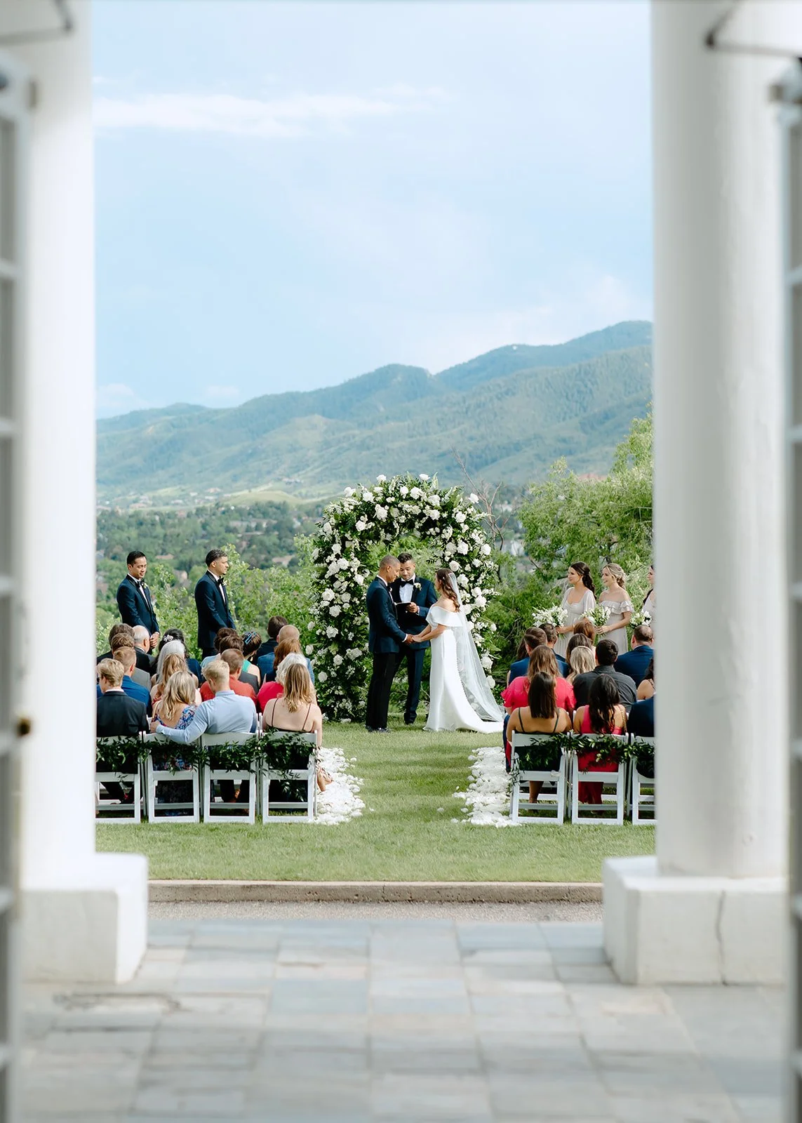 Composed couple portrait at estate wedding.