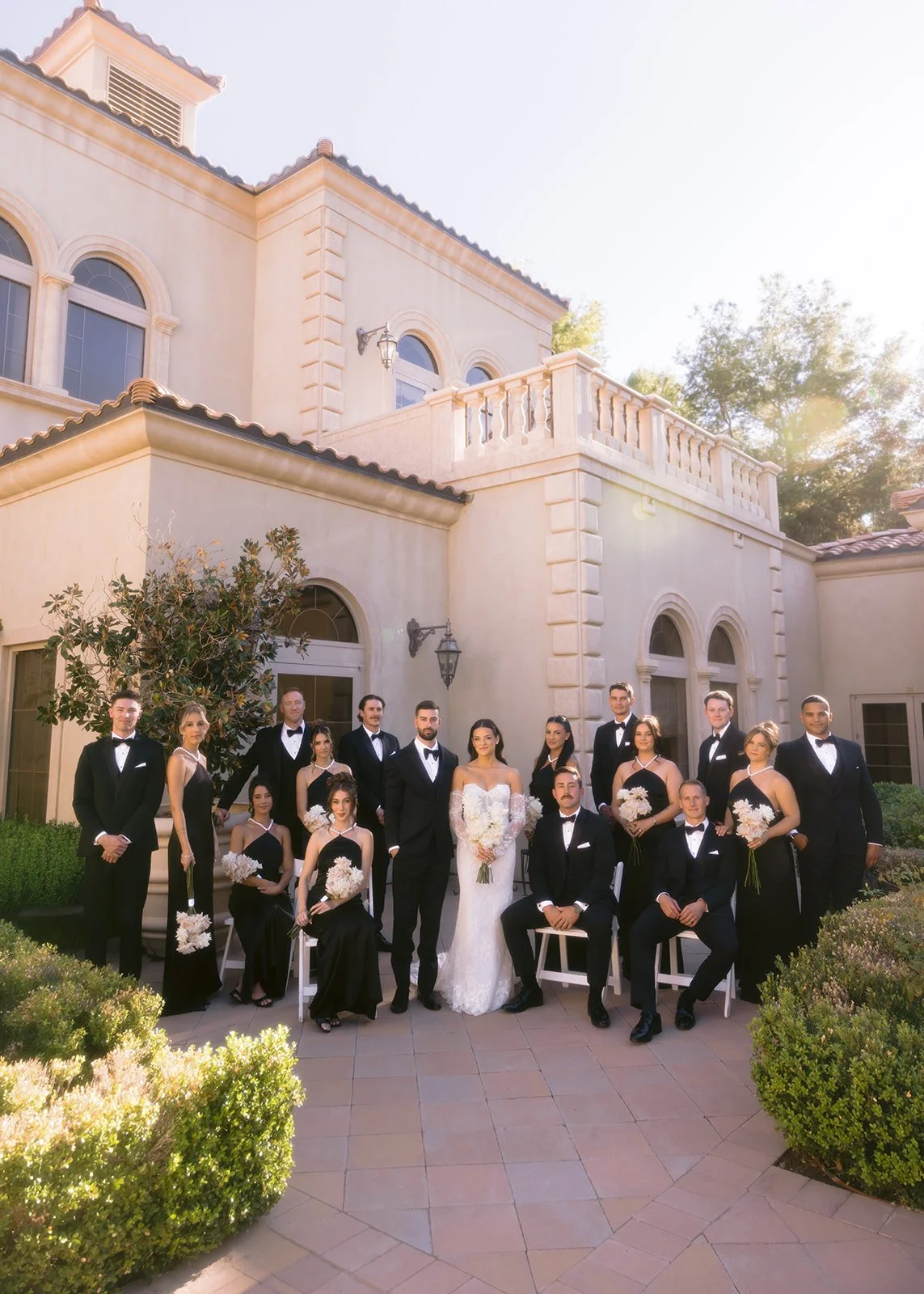 Wedding party group photo at luxury estate wedding.