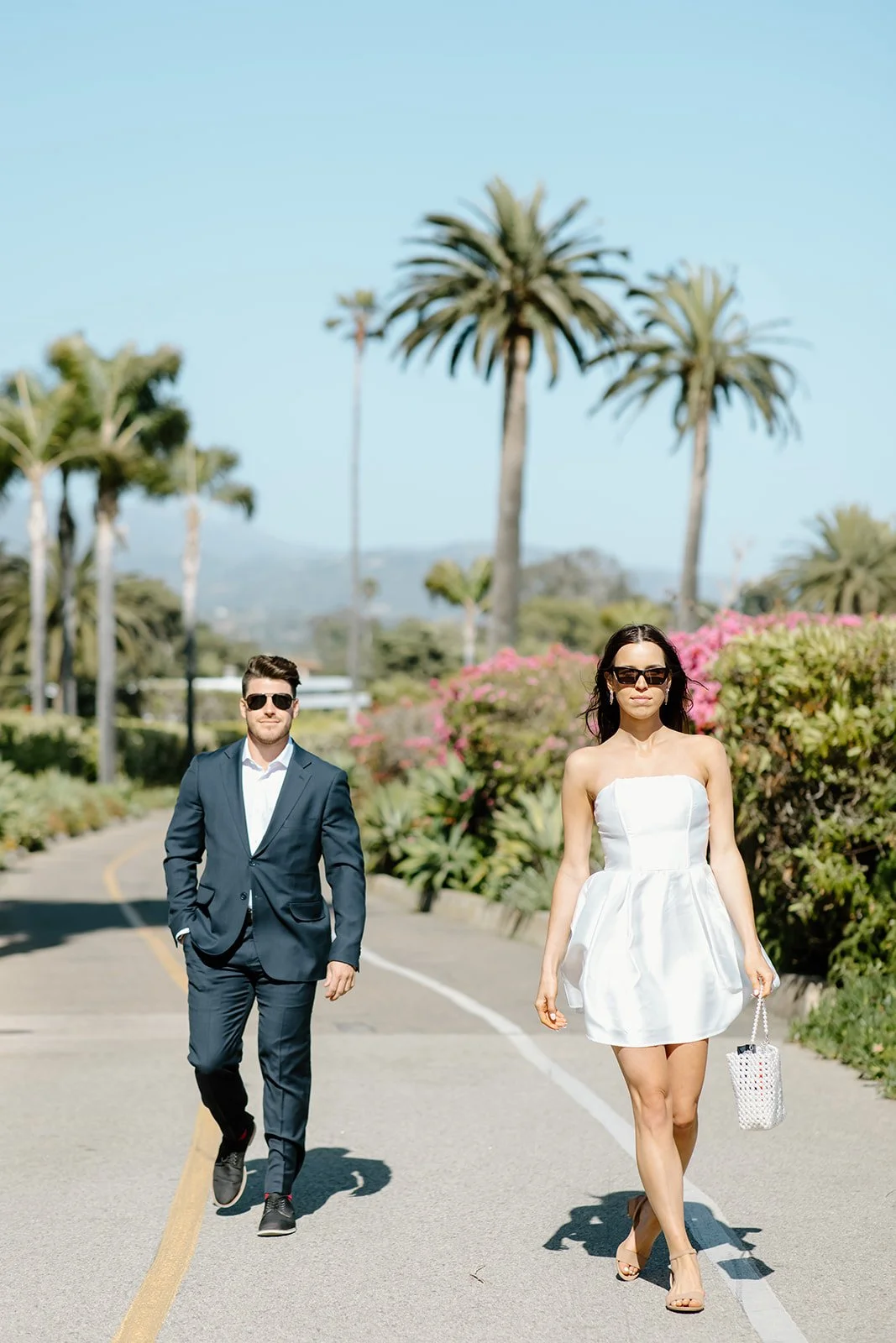 Fashion-inspired engagement session with clean, minimal composition.