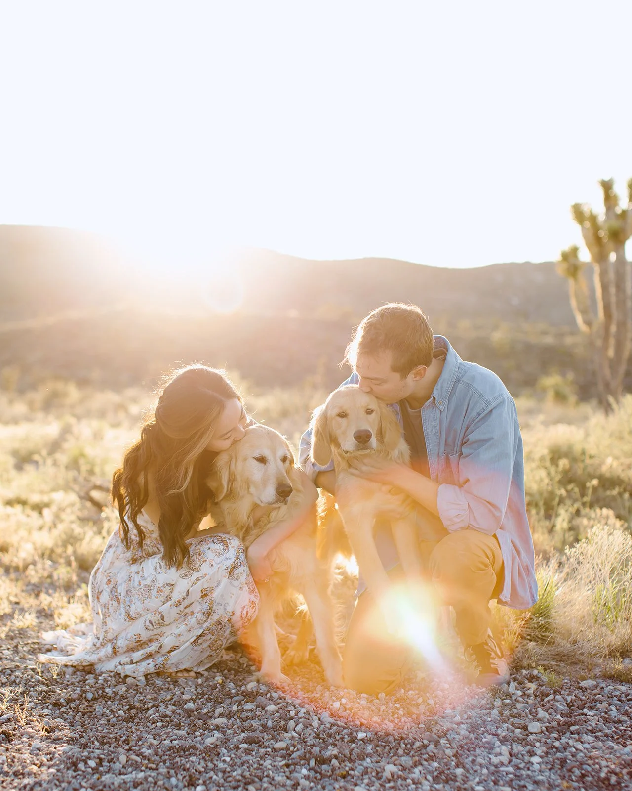 Couple with their dogs during outdoor engagement portrait session.