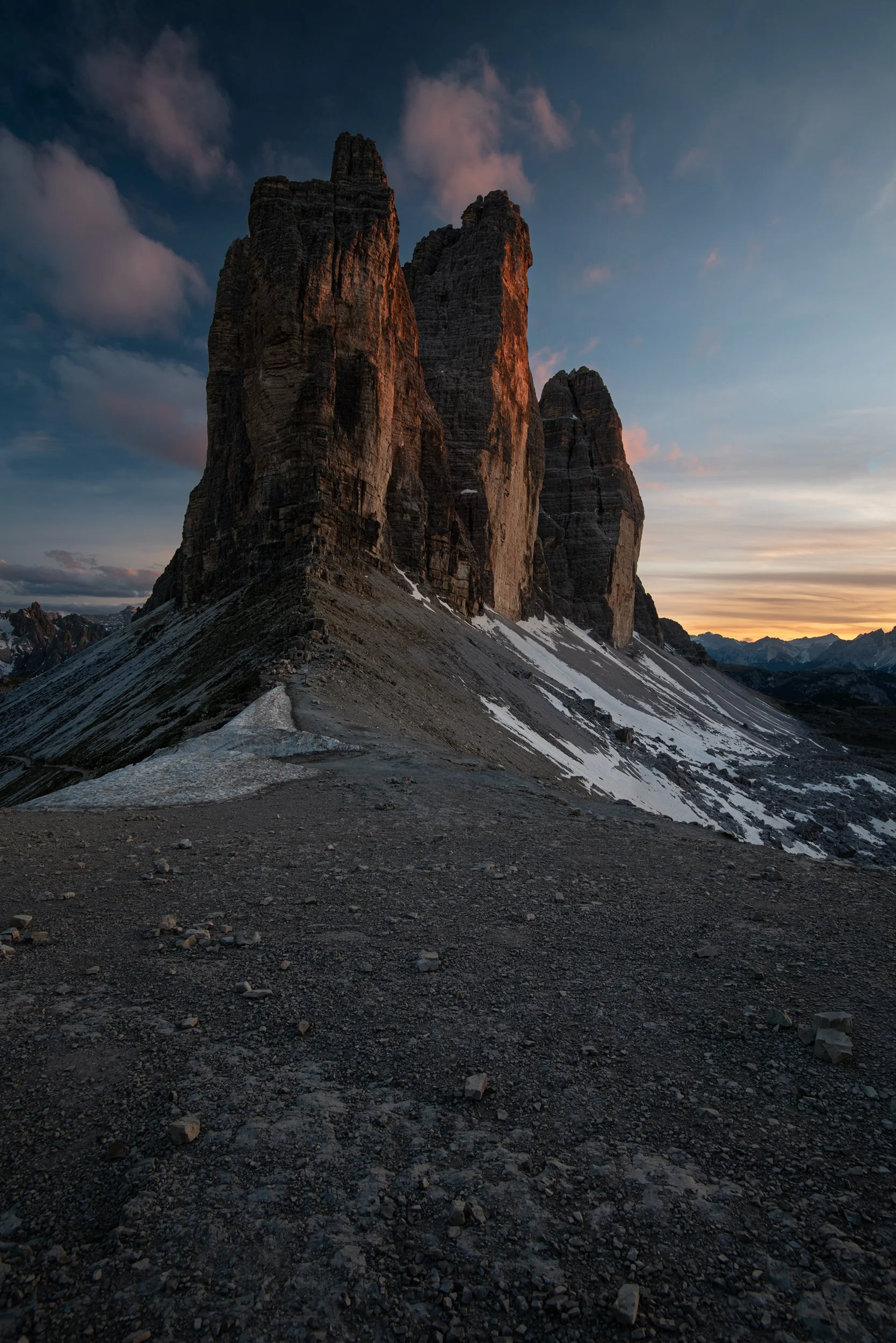 Tre cime de liverado at sunset, Blue sky and orange peaks of Tre cime, Dolomites.