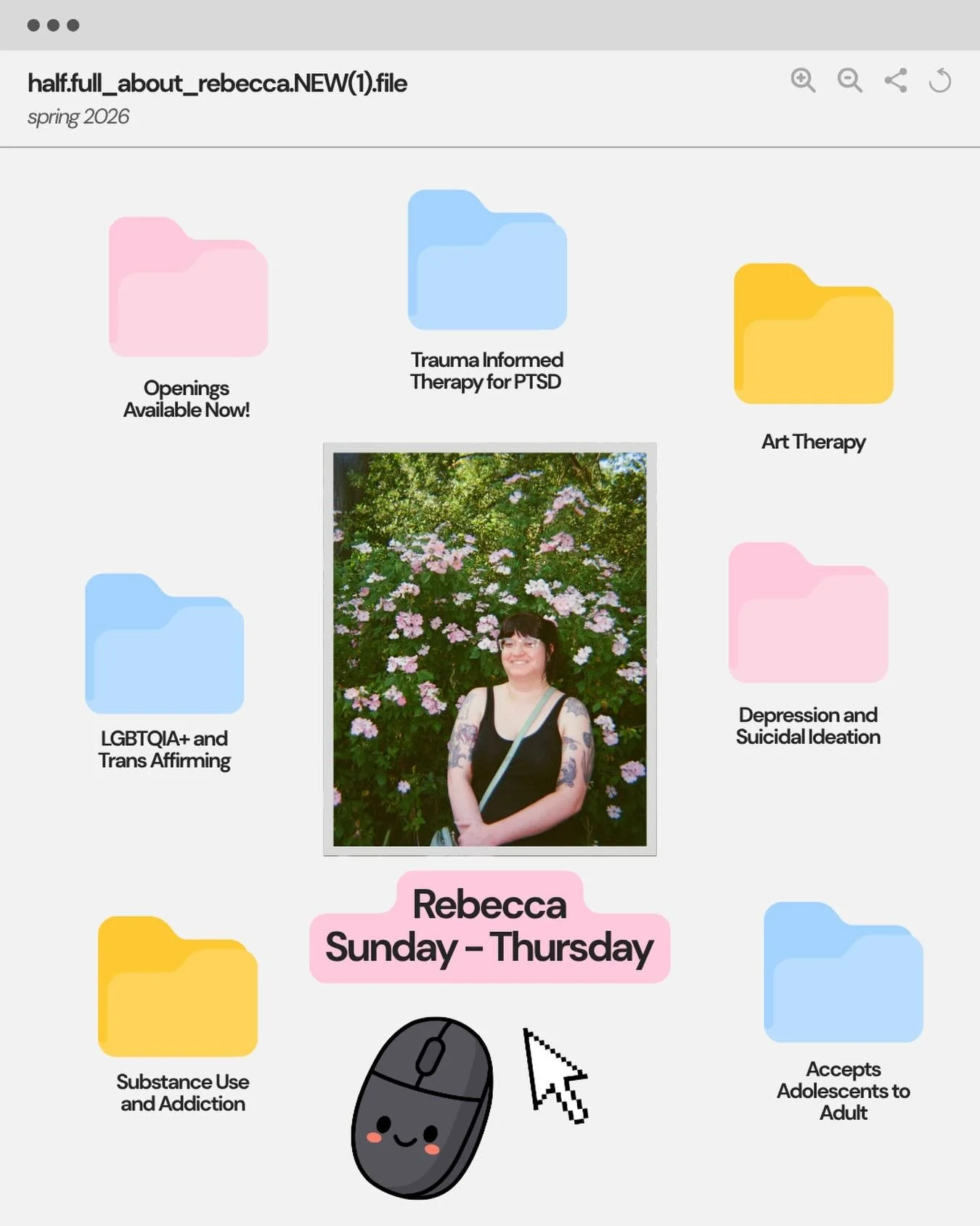 Rebecca has openings for new clients immediately! She has both virtual and in person options and would love to help you get started today💕