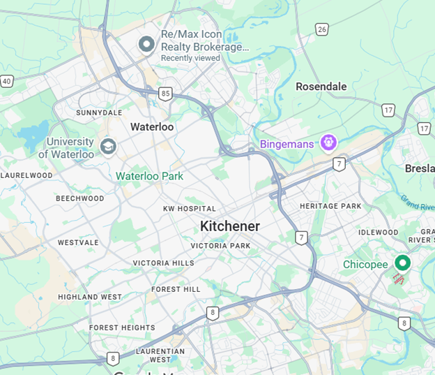 Map showing the city of Kitchener, Waterloo, and surrounding areas, including landmarks like Waterloo Park, Bingemans, and the University of Waterloo.