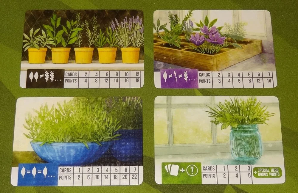 Four plant-themed cards with point values and card quantities, including potted herbs, garden vegetables, and fresh herbs in a jar.