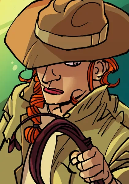 A woman with red hair wearing a cowboy hat and a beige jacket, holding a whip.