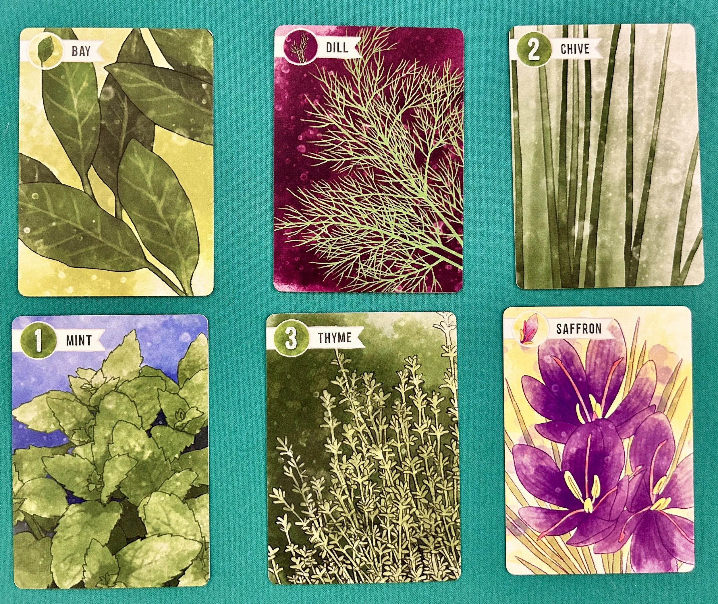 Illustrated herbal tea recipe cards featuring bay, dill, chive, mint, thyme, and saffron with colorful backgrounds.