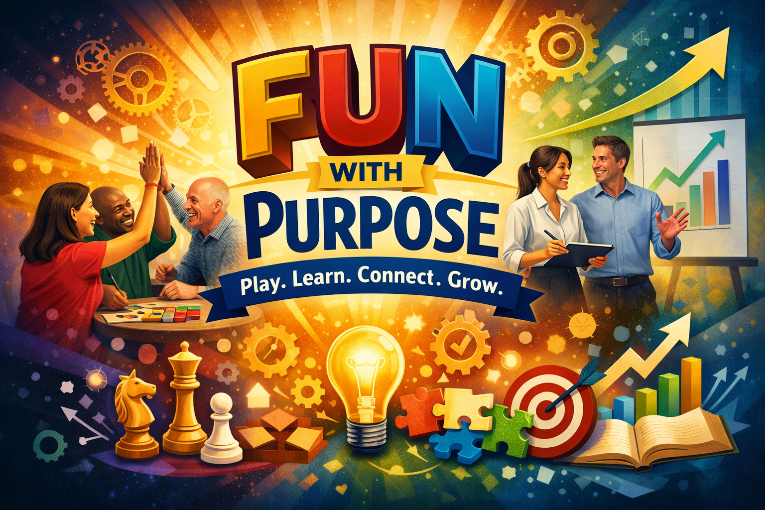 Colorful graphic promoting fun with purpose, featuring people high-fiving, a chess piece set, puzzle pieces, a light bulb, charts, and geometric shapes, with the words "Fun with Purpose" and the tagline "Play. Learn. Connect. Grow."