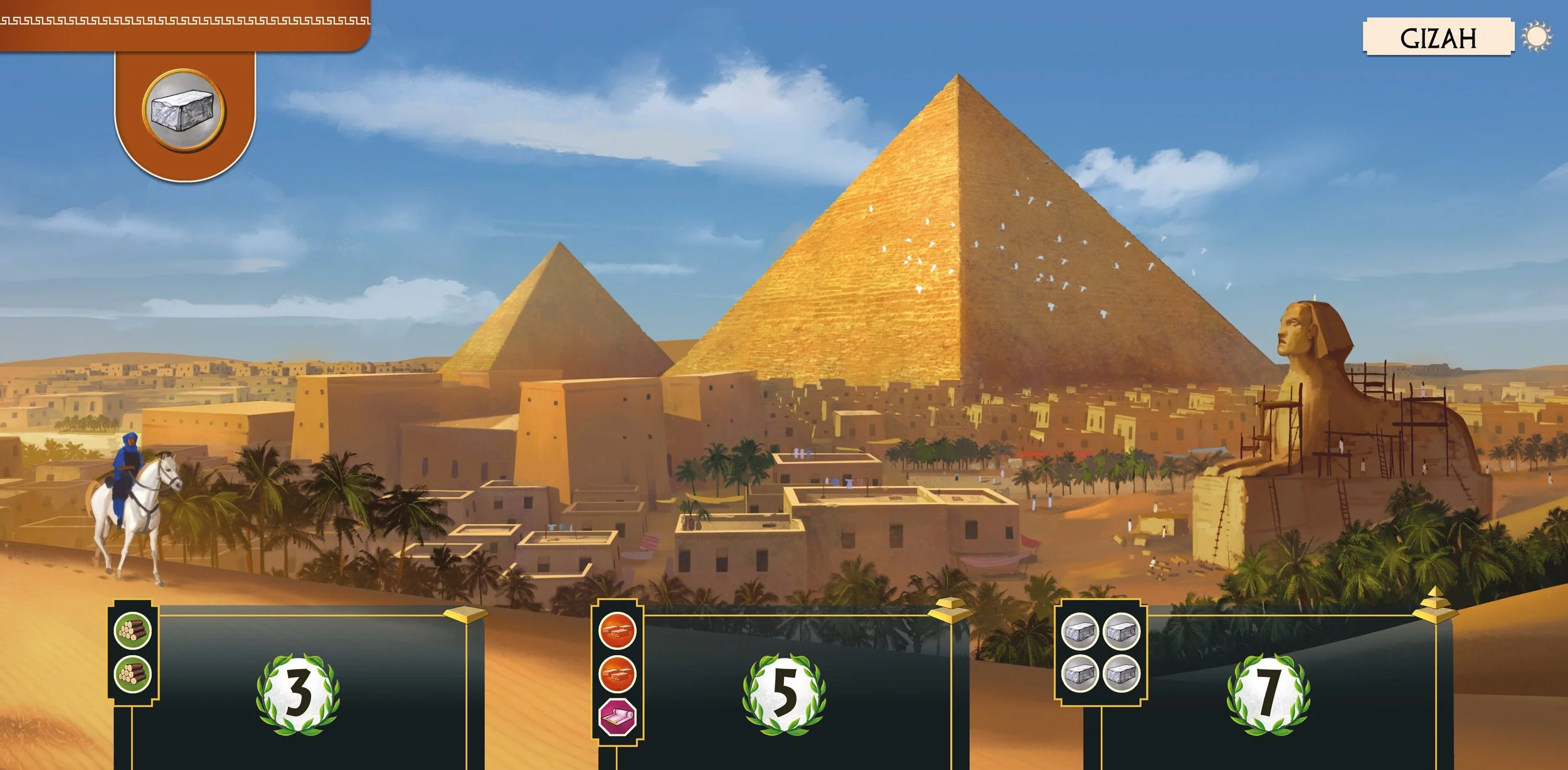 Digital illustration of the pyramids of Giza in Egypt, with three large pyramids, a sphinx, a man riding a horse, and a desert landscape with palm trees and a city in the background.