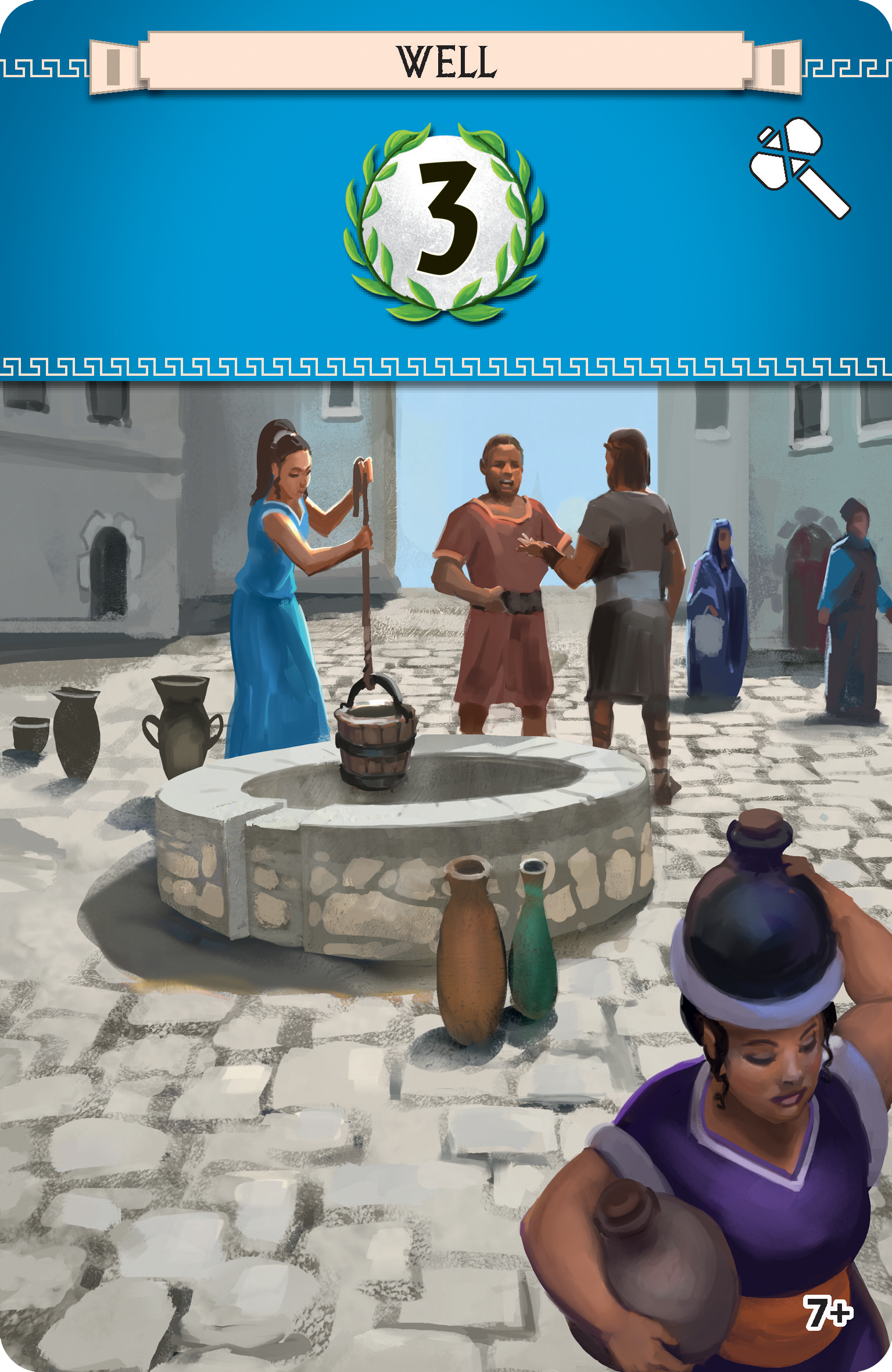 A digital illustration of ancient Greek marketplace scene with women and men, pottery, and a central well, with a blue banner displaying a laurel wreath and the number 3 at the top.