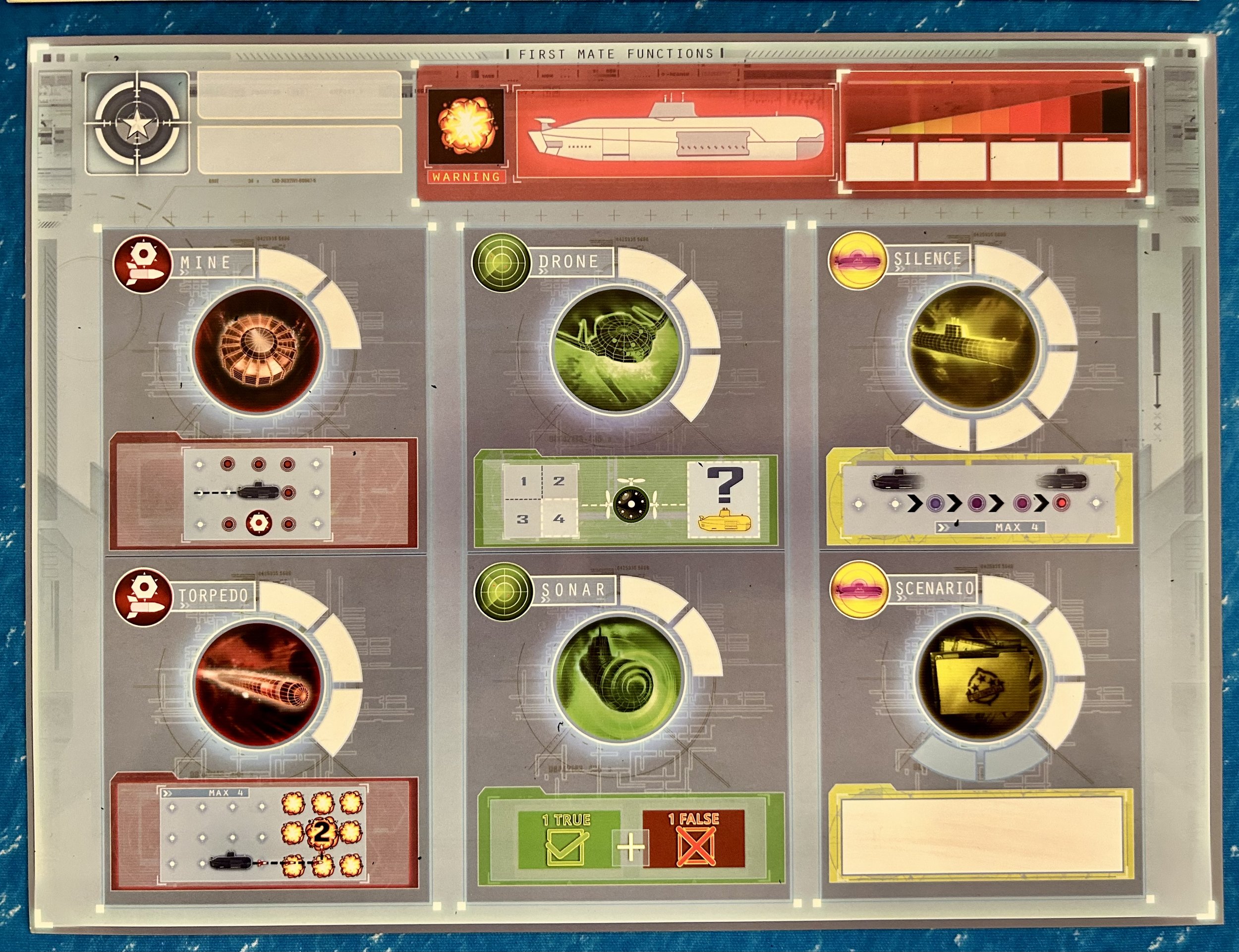 A game screen displaying various military strategy options, including mine, drone, silence, torpedo, sonar, and scenario, with indicators and controls for each.