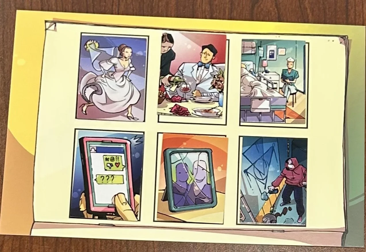 A comic-style illustration with six panels depicting various scenes including a fairy tale character, people at a dinner table, a hospital room, a smartphone with messages, a digital photo frame, and a person using a crowbar.