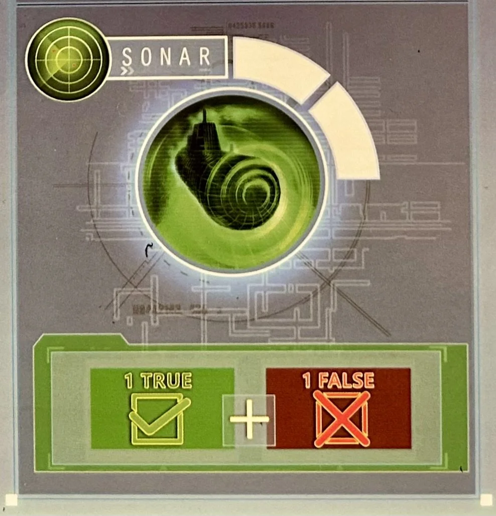 A digital display screen featuring a radar-like interface with a snail image in the center. The screen has a green and gray color scheme with sections labeled "SONAR" and options indicating one true and one false answer, with checkmark and cross icons.