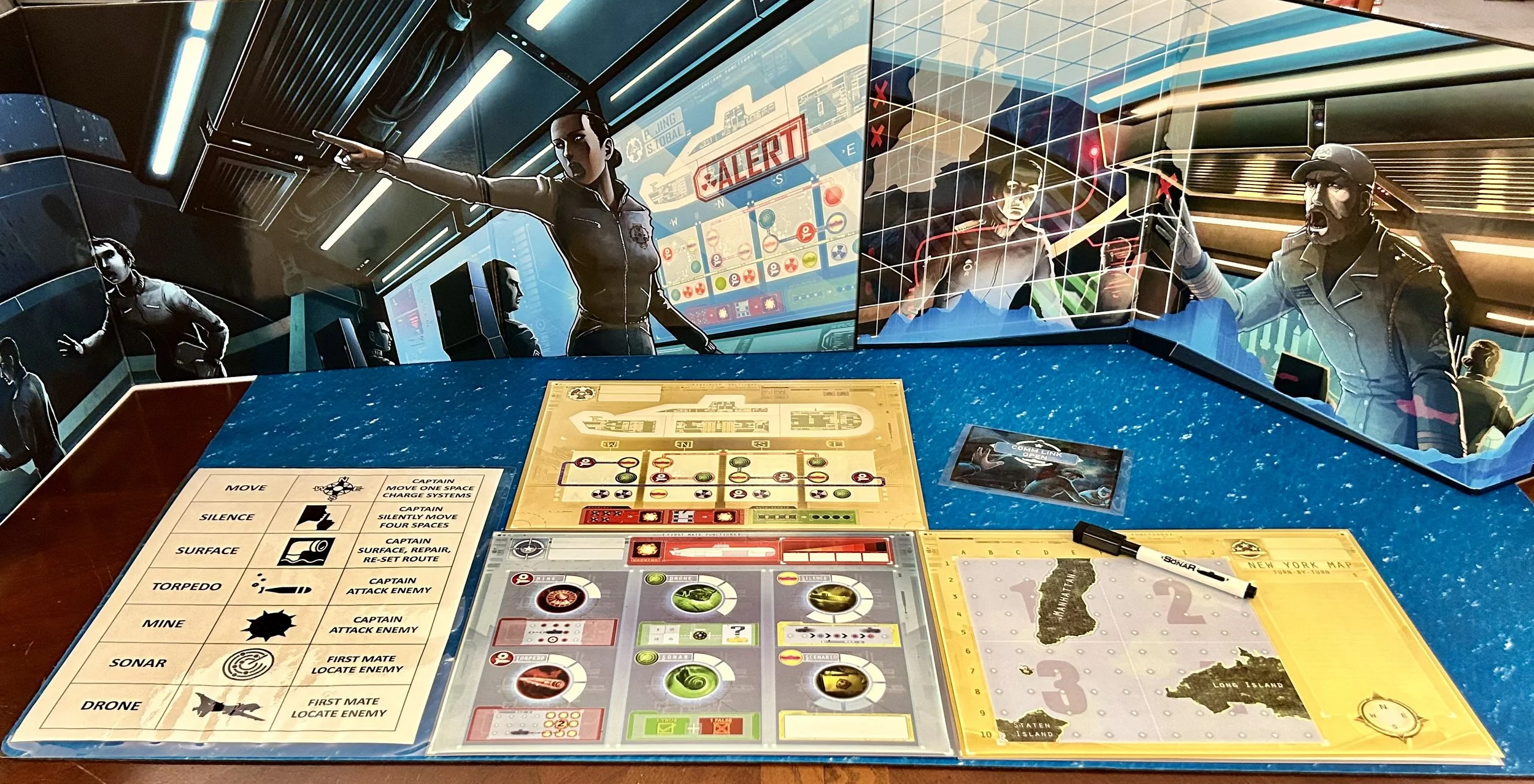 Board game setup on a table with game instructions, maps, and a pen, with a backdrop of a digital war room displaying alert signals, charts, and characters engaged in a strategic discussion.