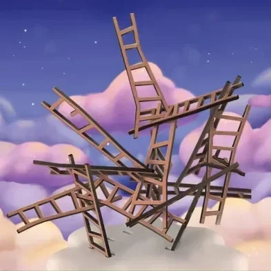 Multiple wooden ladders intertwined in a surreal arrangement against a cloudy sky background.