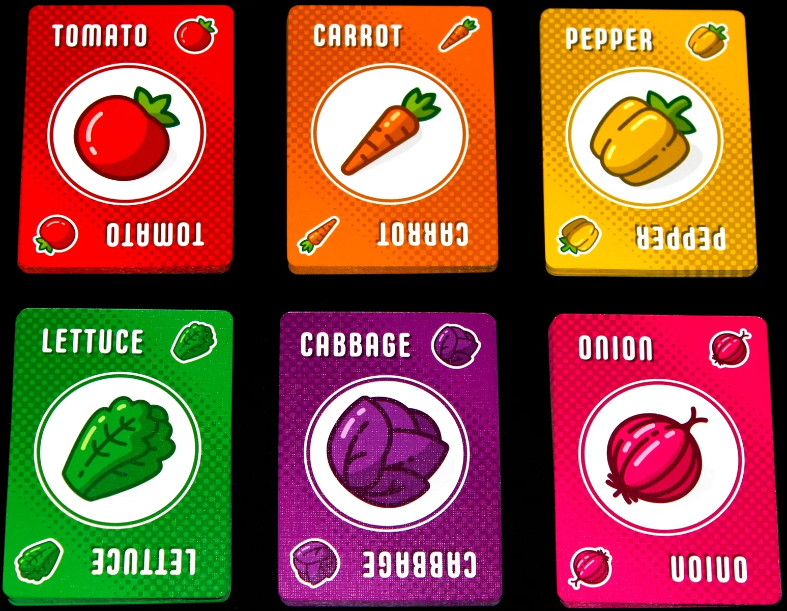 Six colorful cards with illustrations of vegetables and their names, including tomato, carrot, pepper, lettuce, cabbage, and onion.