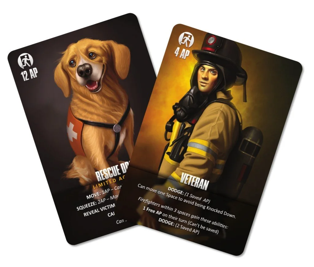 Two cards from a game featuring a rescue dog and a firefighter. The dog card shows a golden retriever with a rescue vest and 12 AP points; the firefighter card depicts a woman in fire gear with 4 AP points.