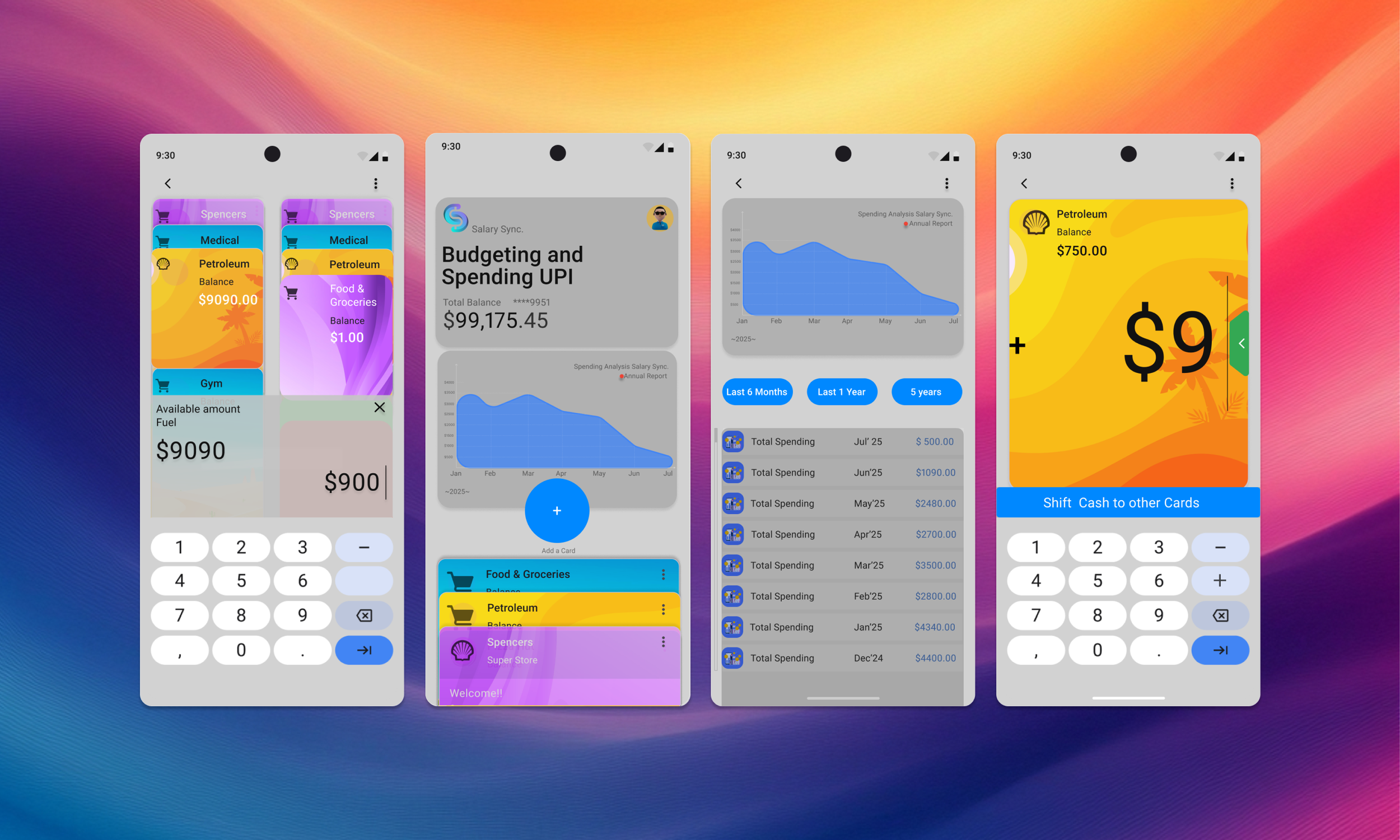 Screenshots of a mobile banking app showing account balances, spending analysis, and fund transfers, with colorful backgrounds and user interface elements.